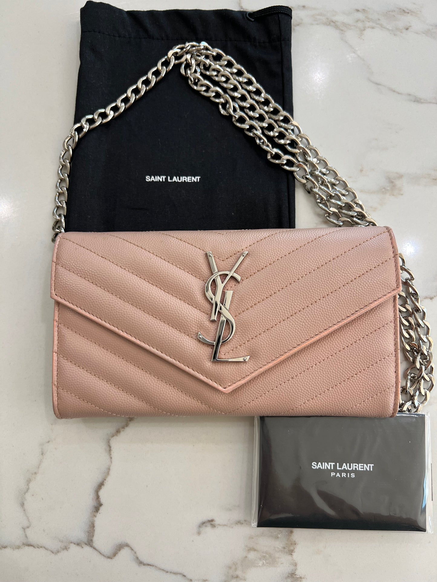 Pink YSL cassandre wallet on chain