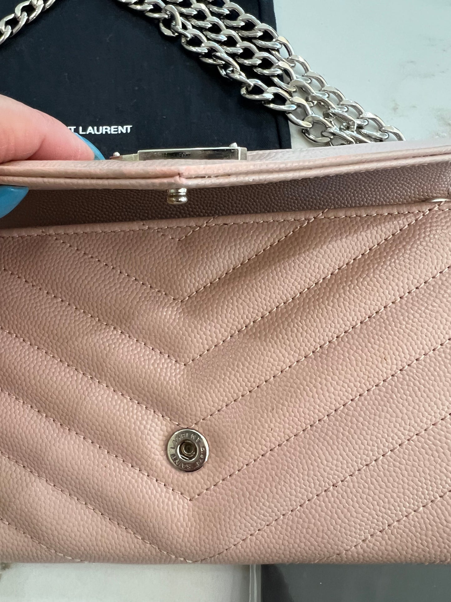 Pink YSL cassandre wallet on chain