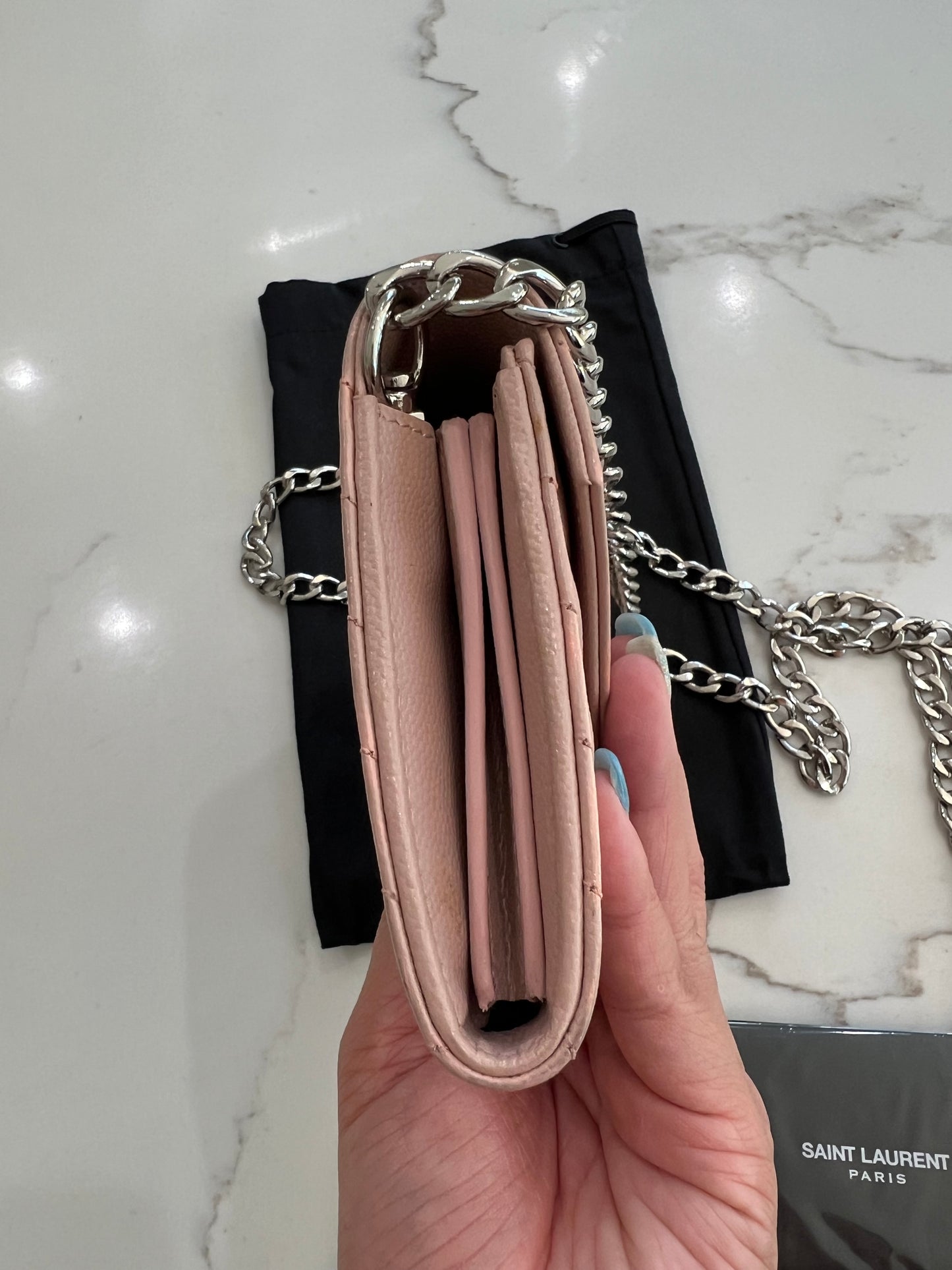 Pink YSL cassandre wallet on chain
