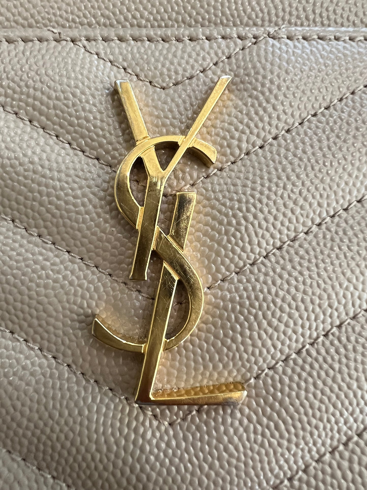 Beige YSL monogram clutch wallet on chain