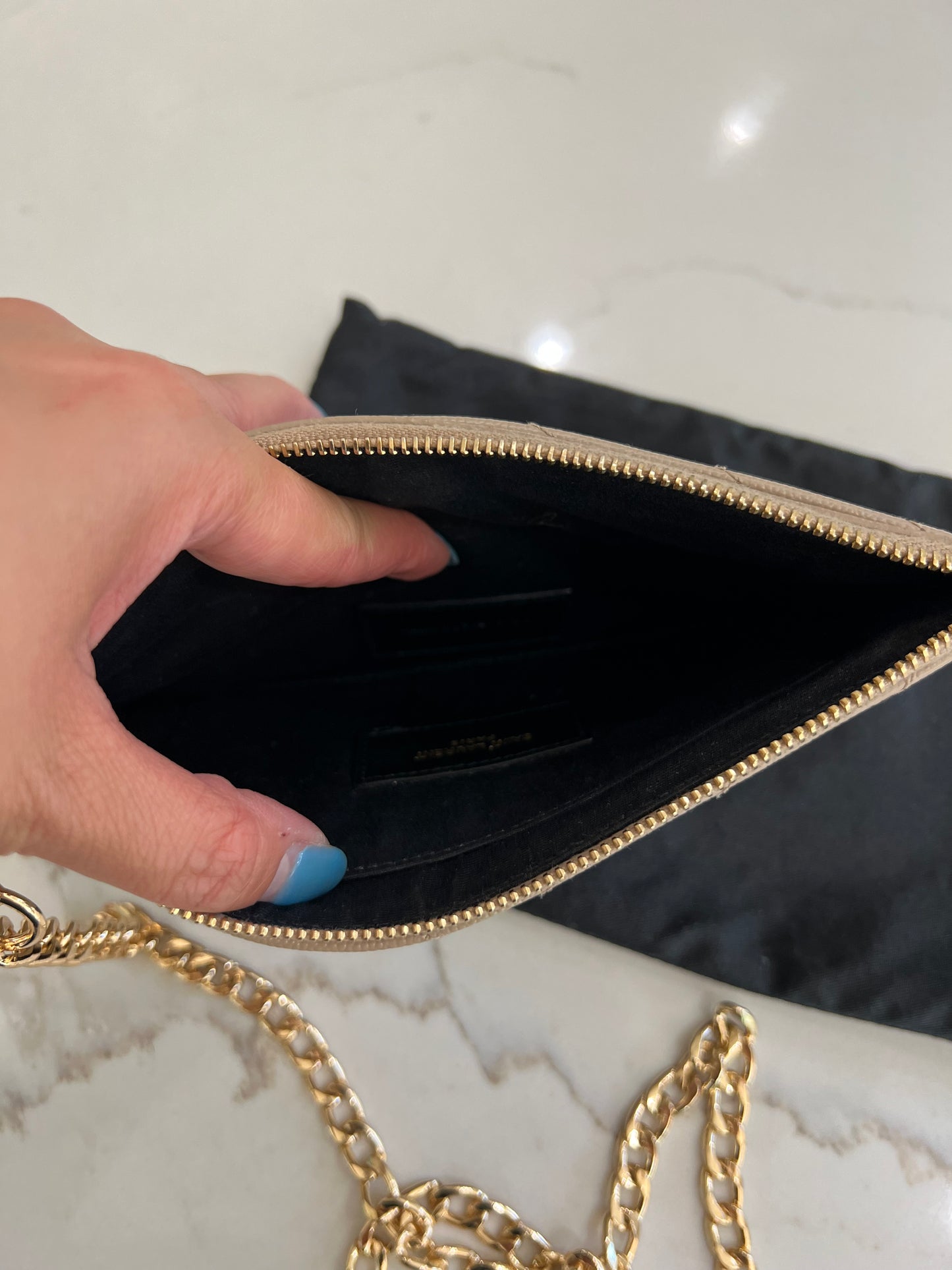 Beige YSL monogram clutch wallet on chain