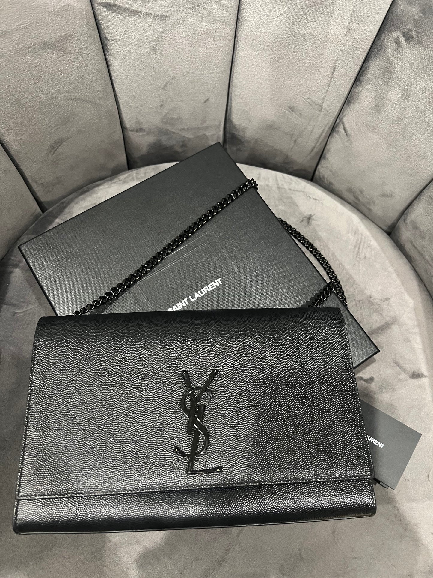 YVES SAINT LAURENT Grain De Poudre Medium Classic Monogram Kate Satchel Black
