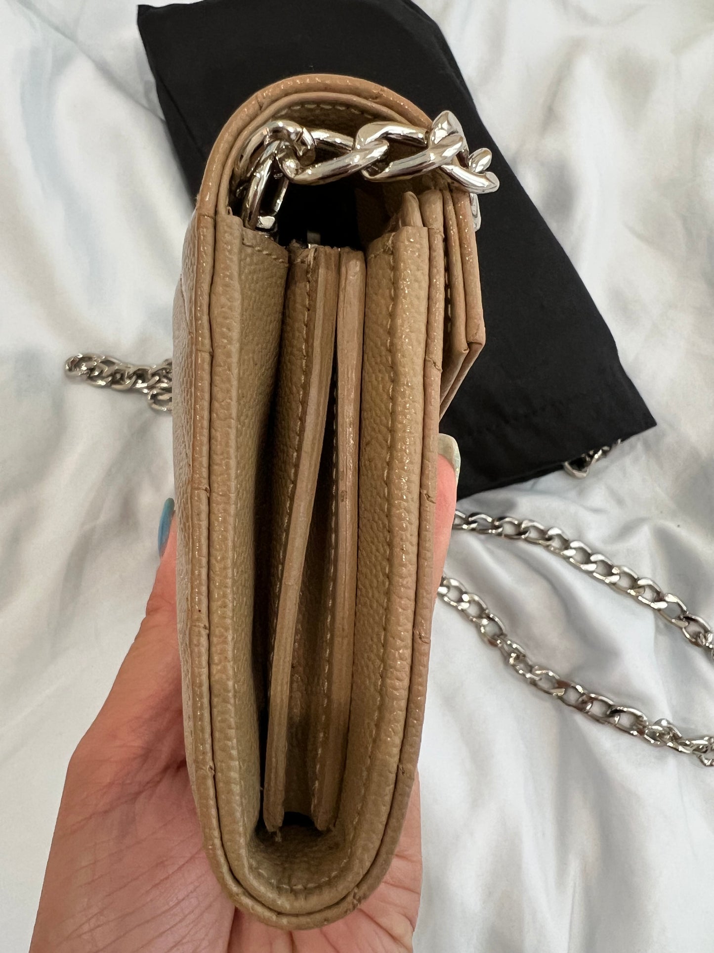 Beige YSL cassandre wallet on chain