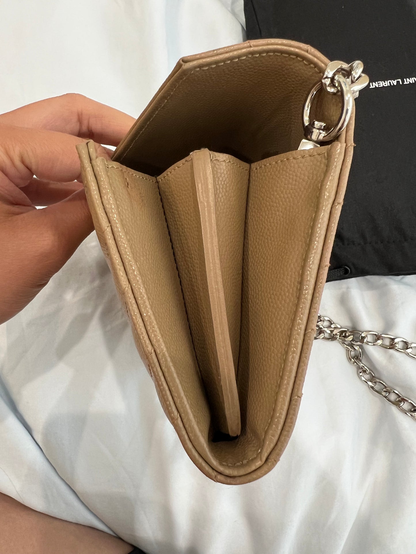 Beige YSL cassandre wallet on chain
