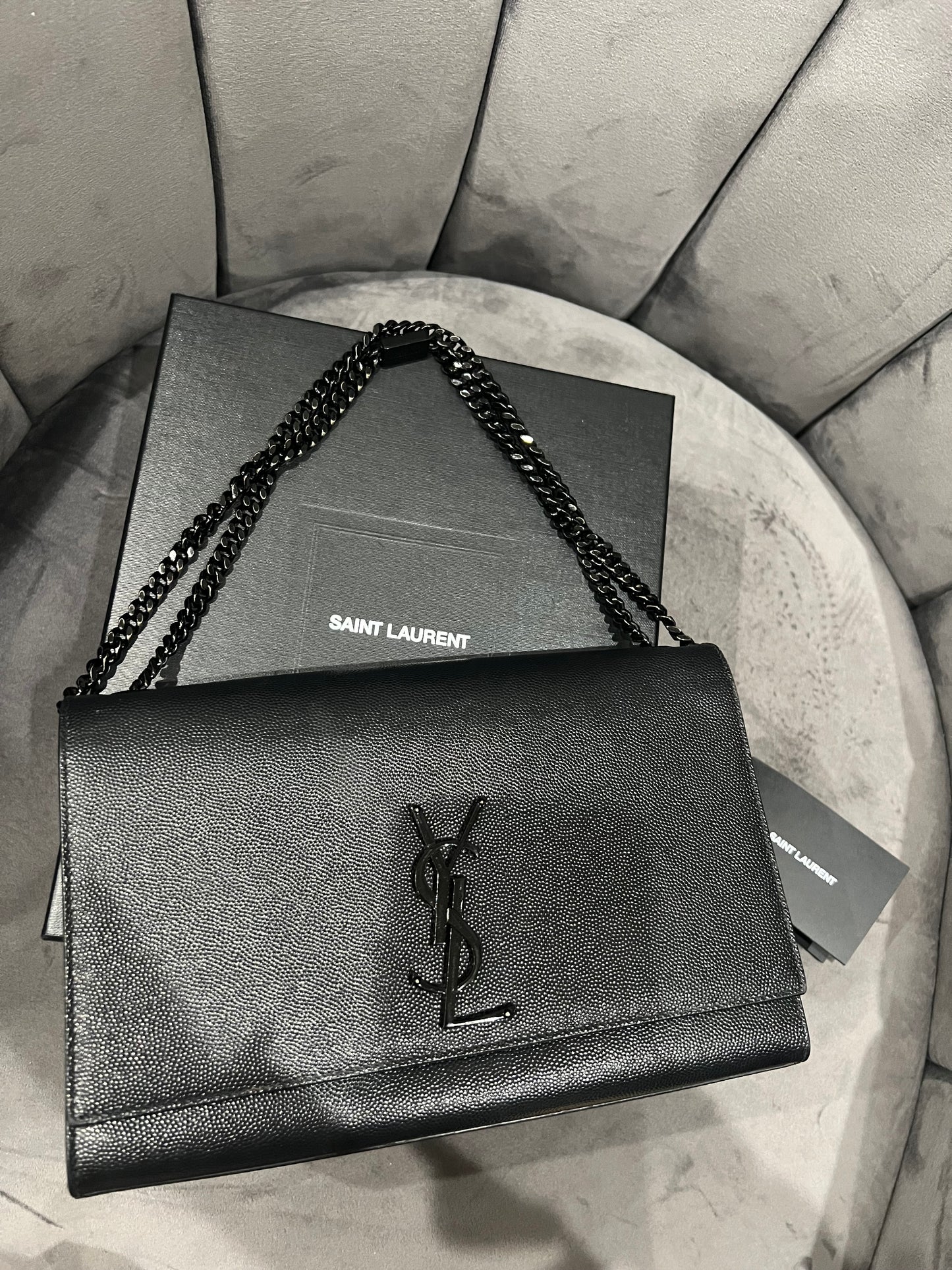 YVES SAINT LAURENT Grain De Poudre Medium Classic Monogram Kate Satchel Black