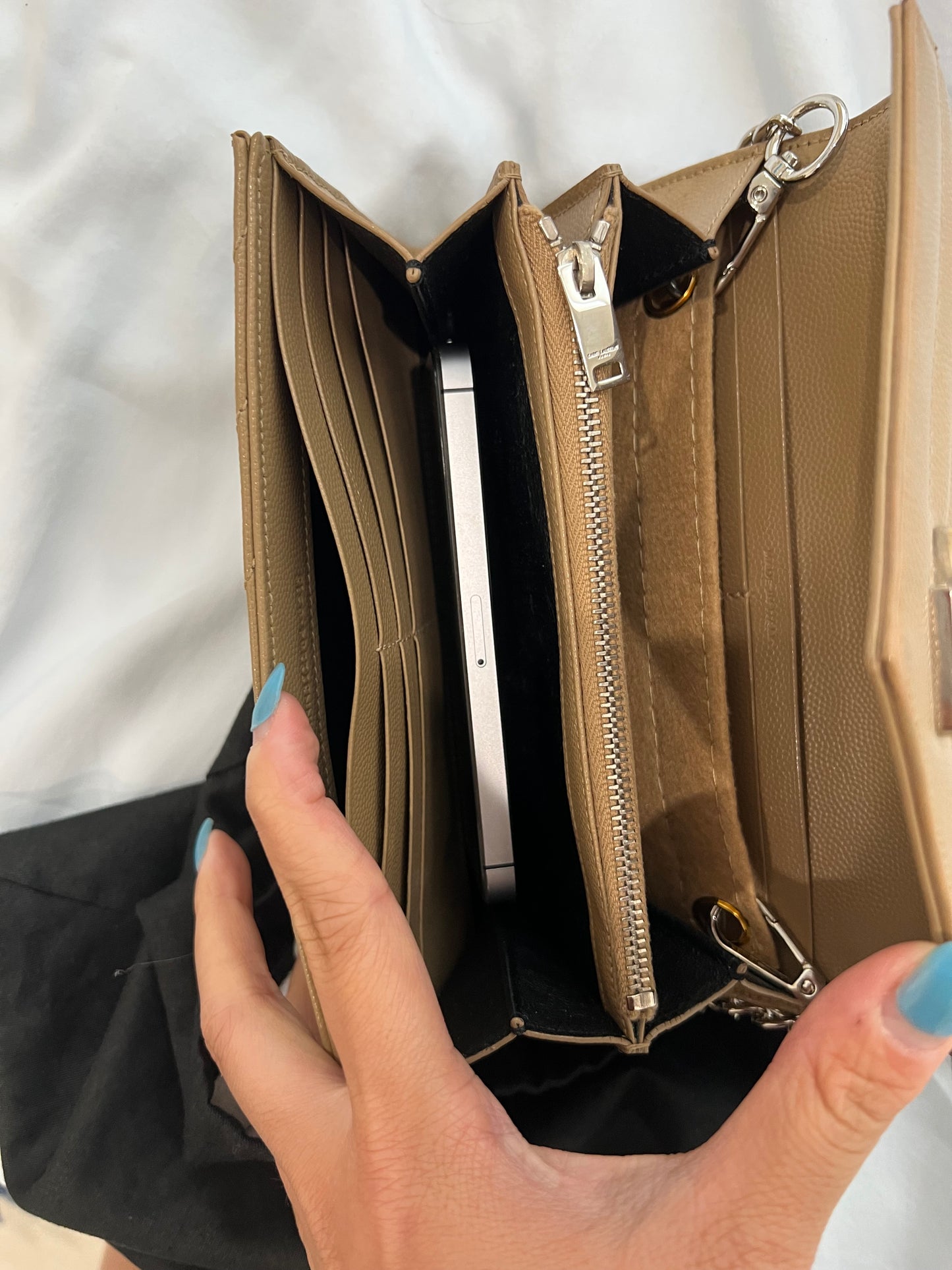 Beige YSL cassandre wallet on chain
