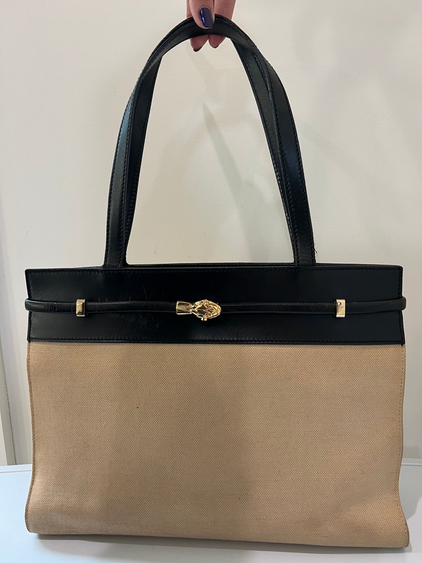 YSL Manhattan canvas tote beige and black