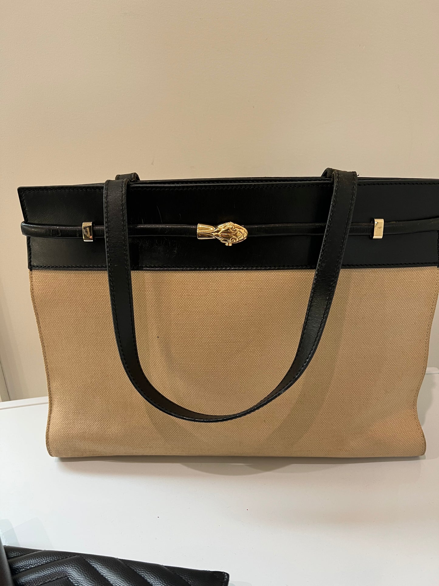 YSL Manhattan canvas tote beige and black