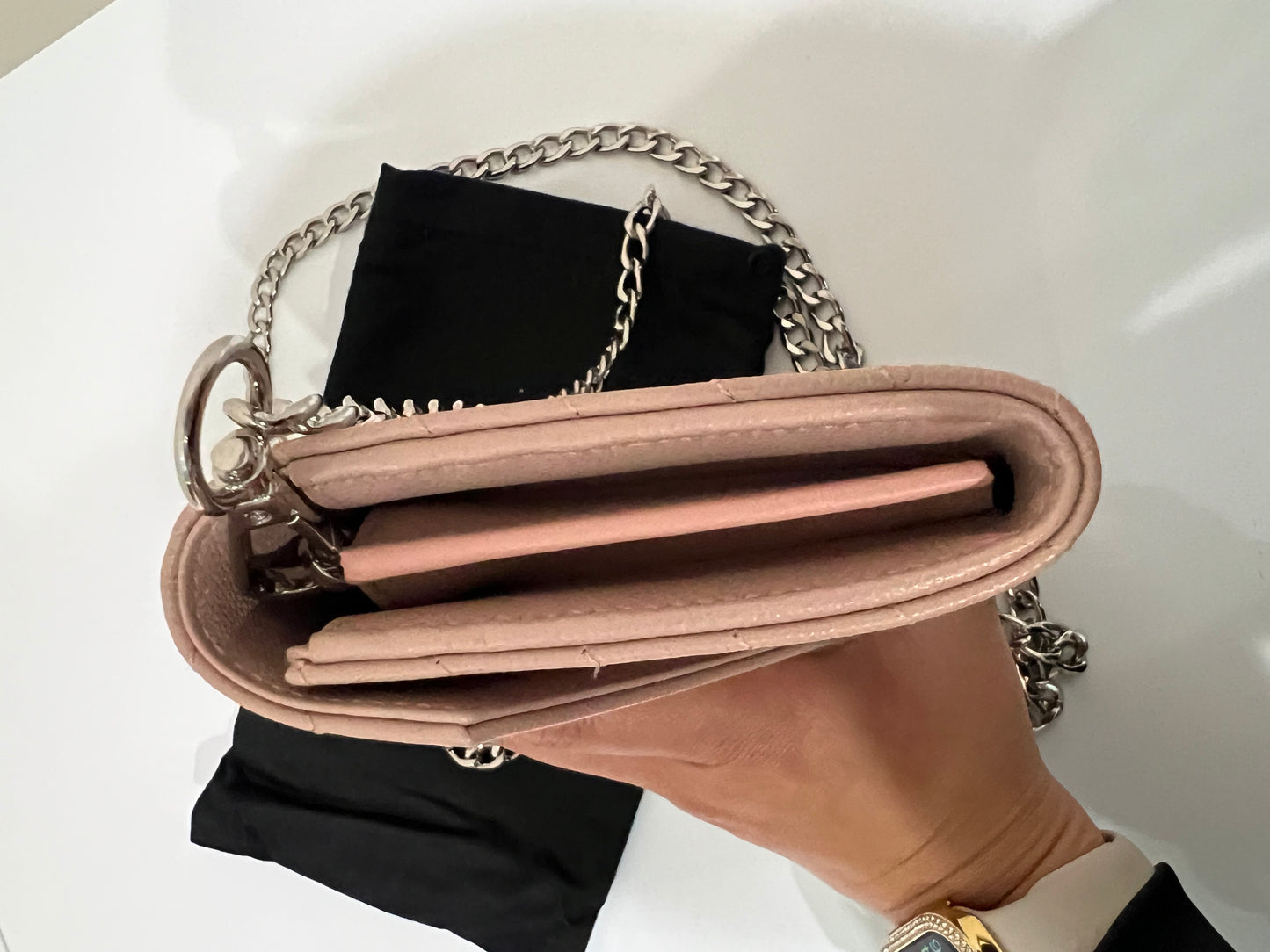 Pink YSL cassandre wallet on chain