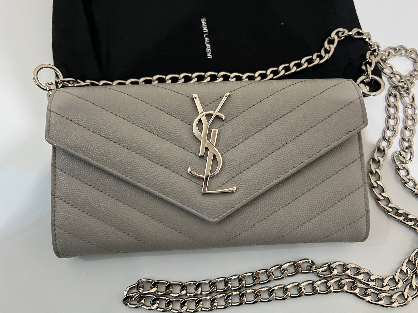 Grey YSL monogram wallet on chain