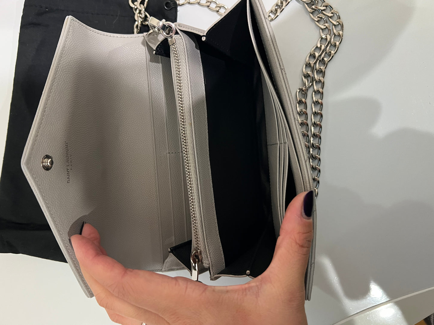 Grey YSL monogram wallet on chain