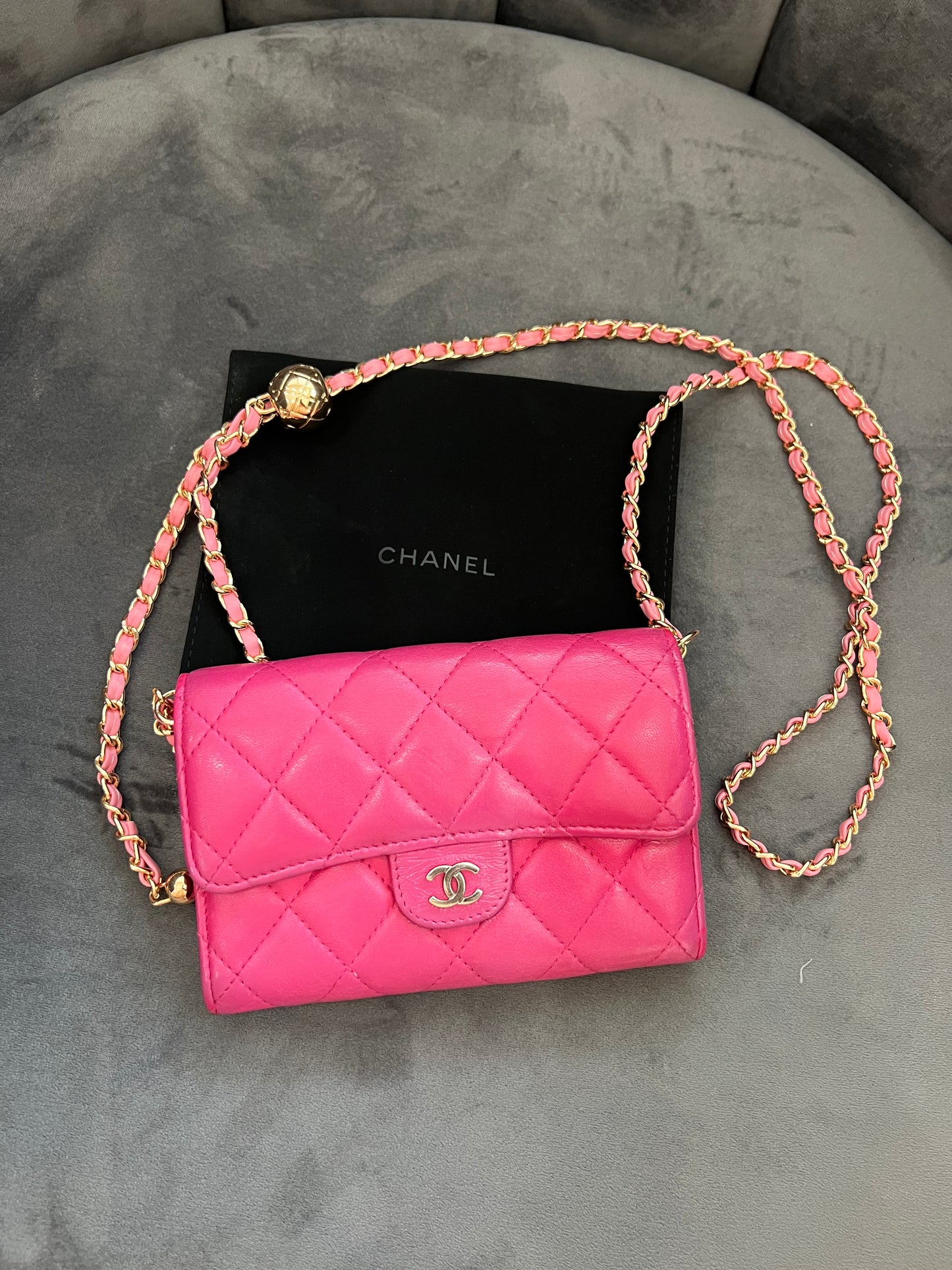 Chanel matelasse pink wallet on chain