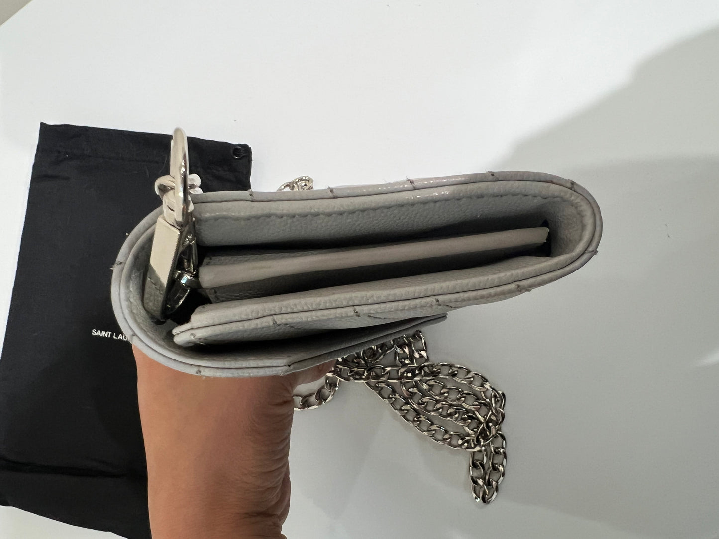 Grey YSL monogram wallet on chain
