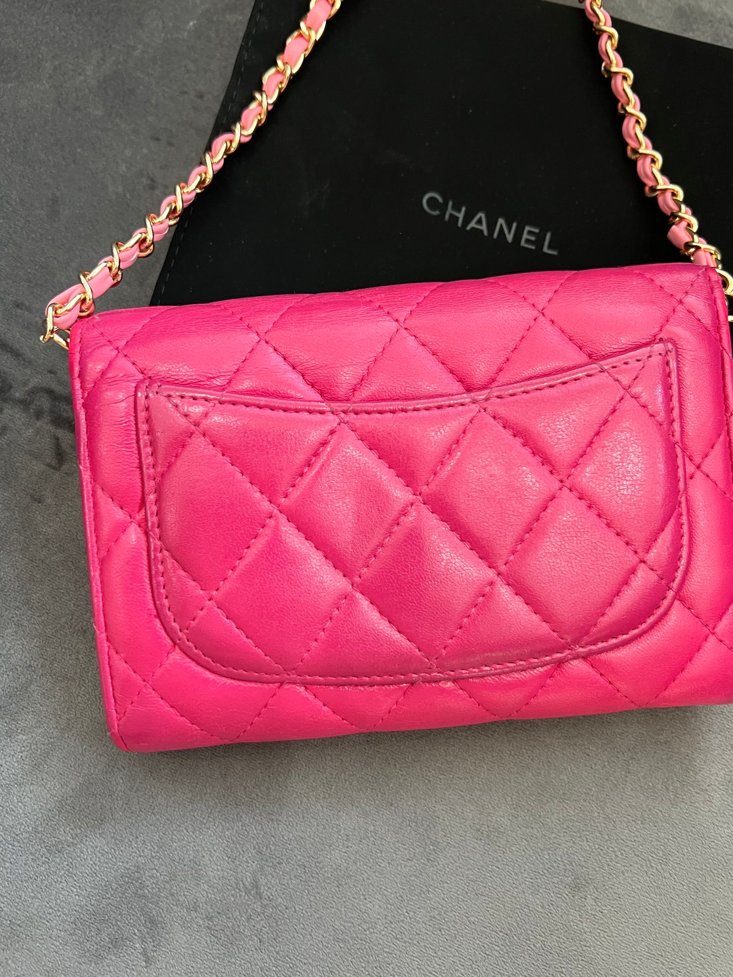 Chanel matelasse pink wallet on chain