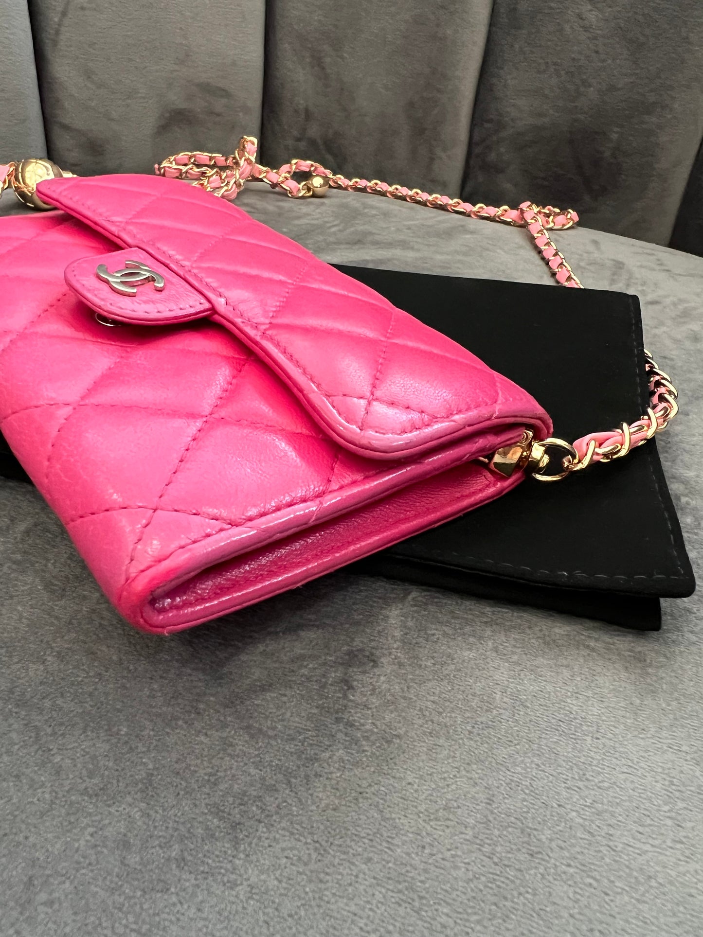 Chanel matelasse pink wallet on chain