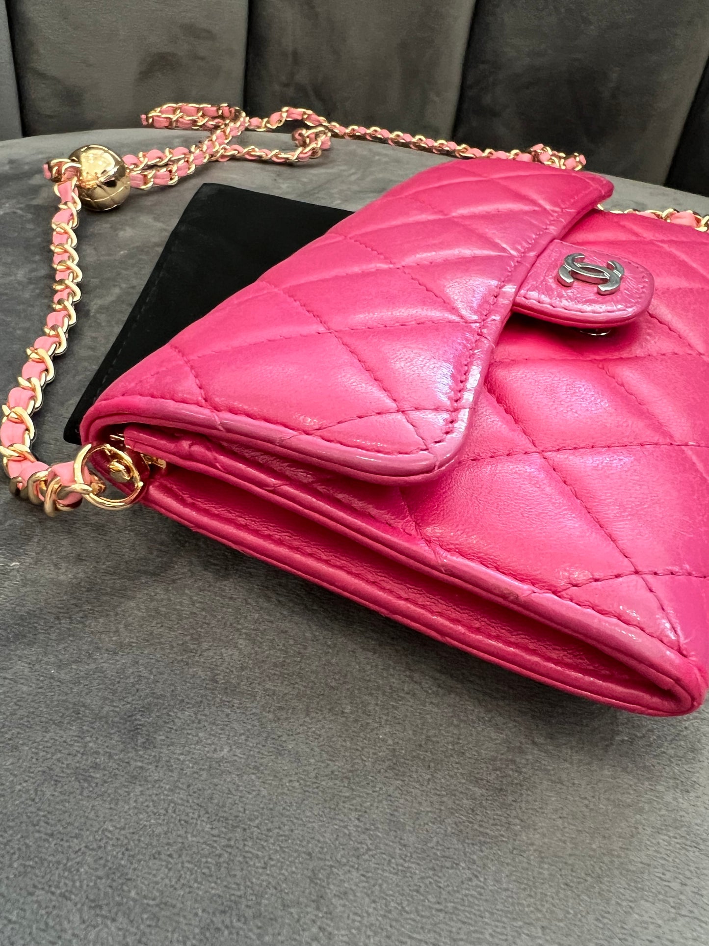 Chanel matelasse pink wallet on chain
