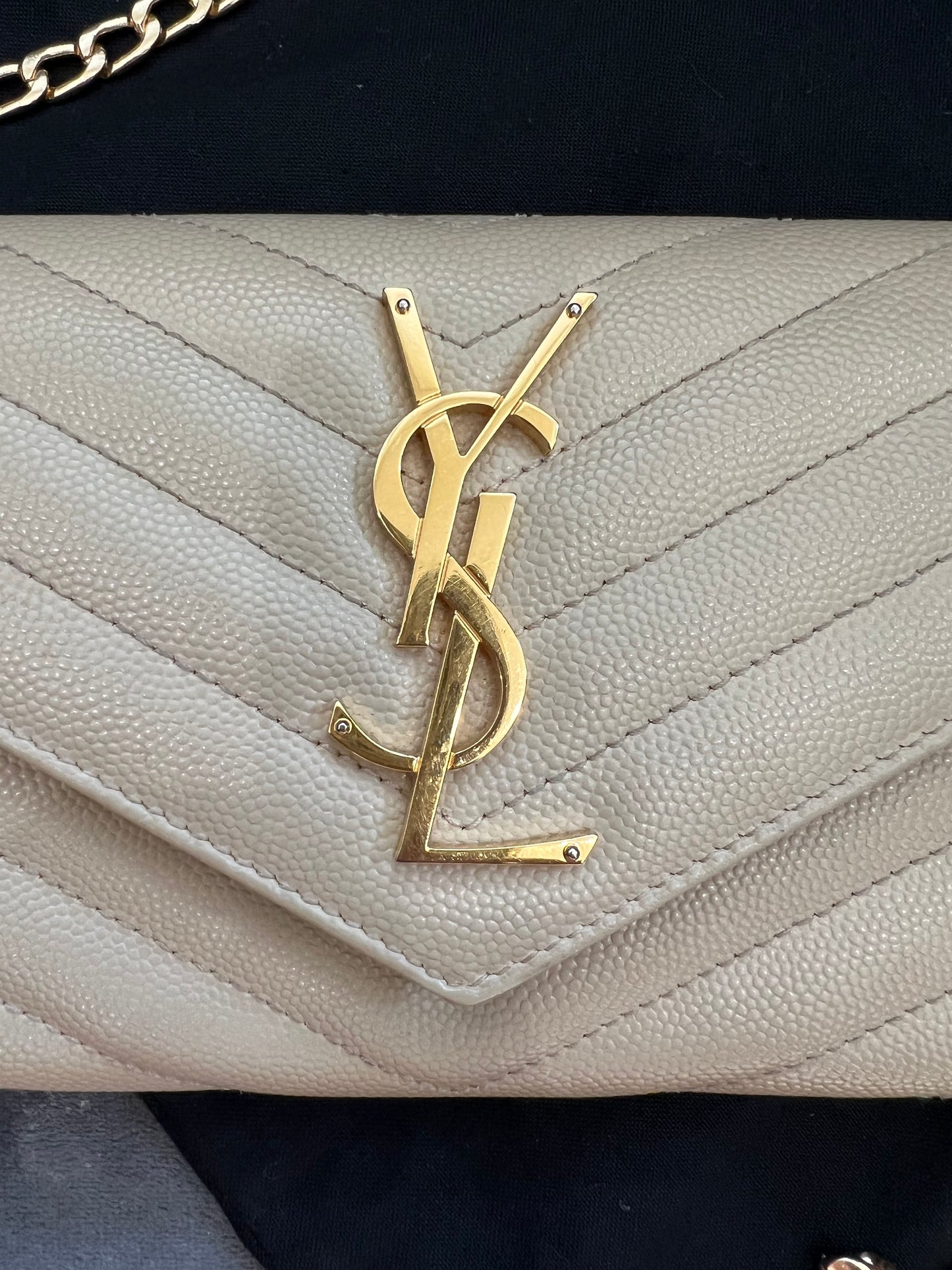 Beige YSL cassandre wallet on chain