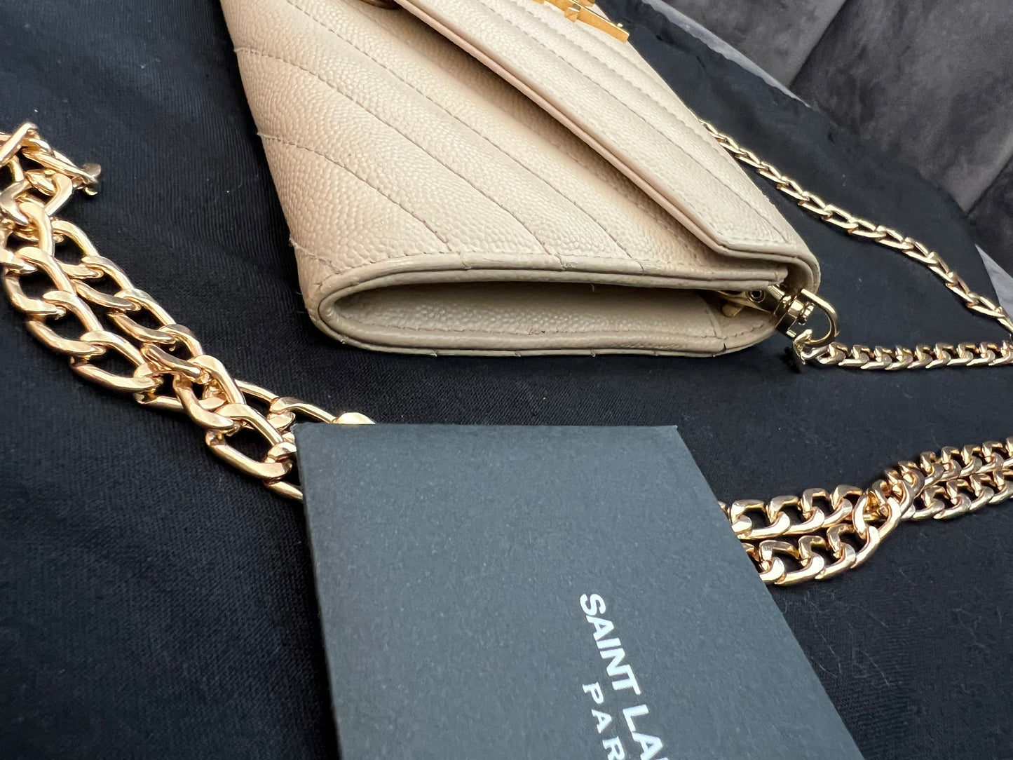 Beige YSL cassandre wallet on chain