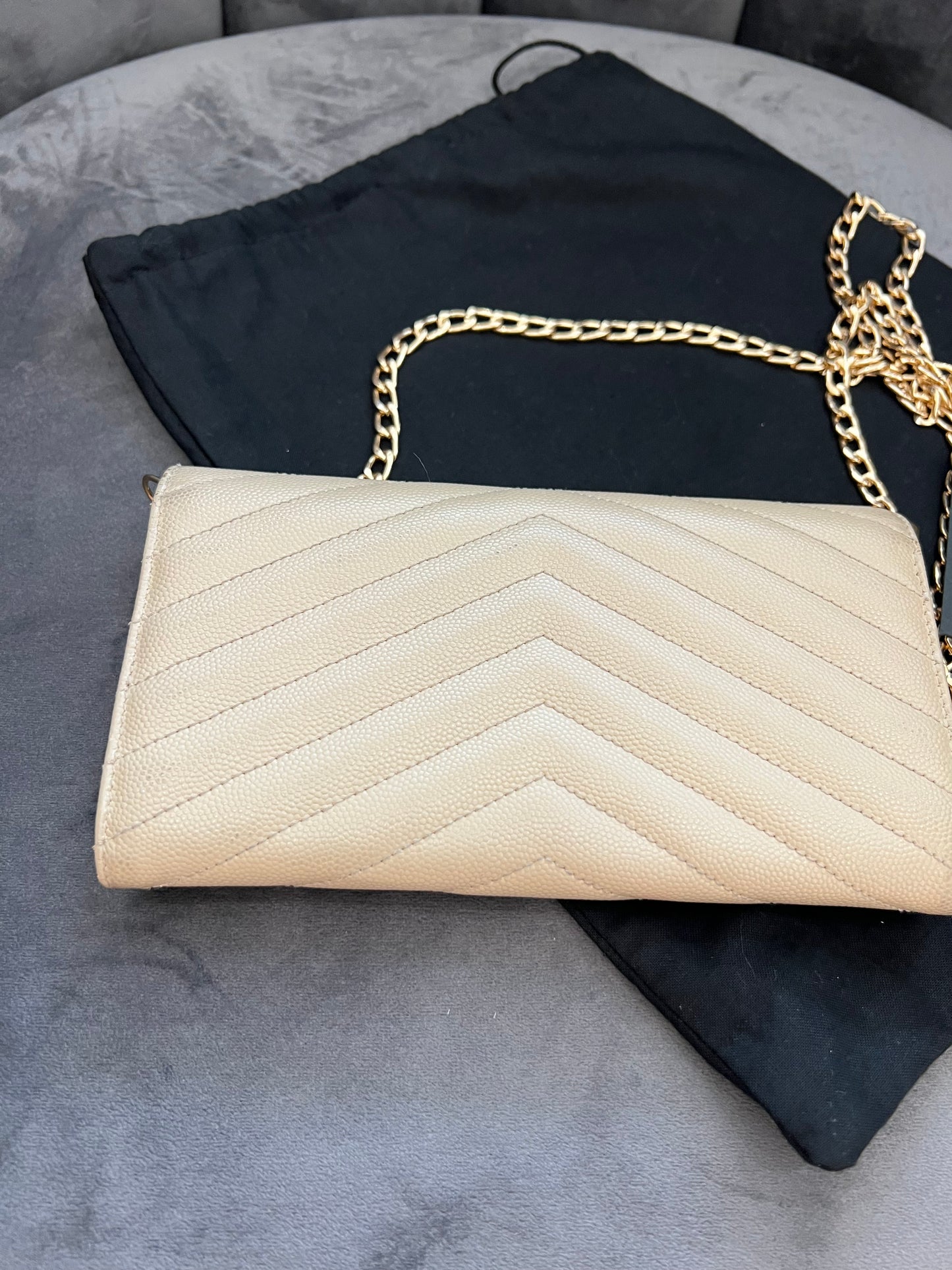 Beige YSL cassandre wallet on chain