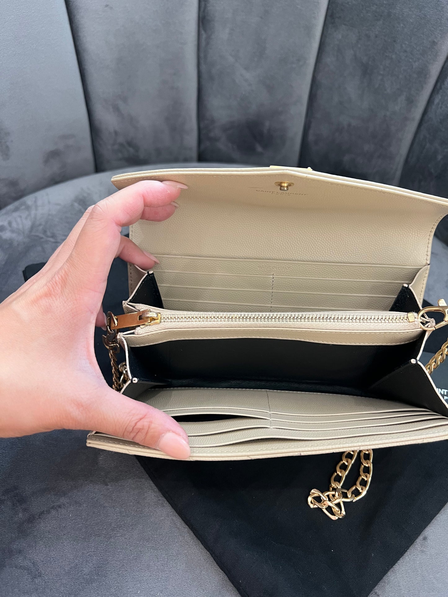 Beige YSL cassandre wallet on chain