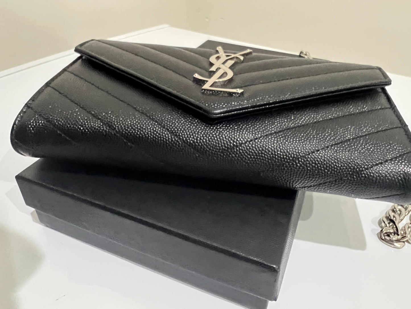 Yves Saint Laurent Cassandre envelope flap wallet on chain