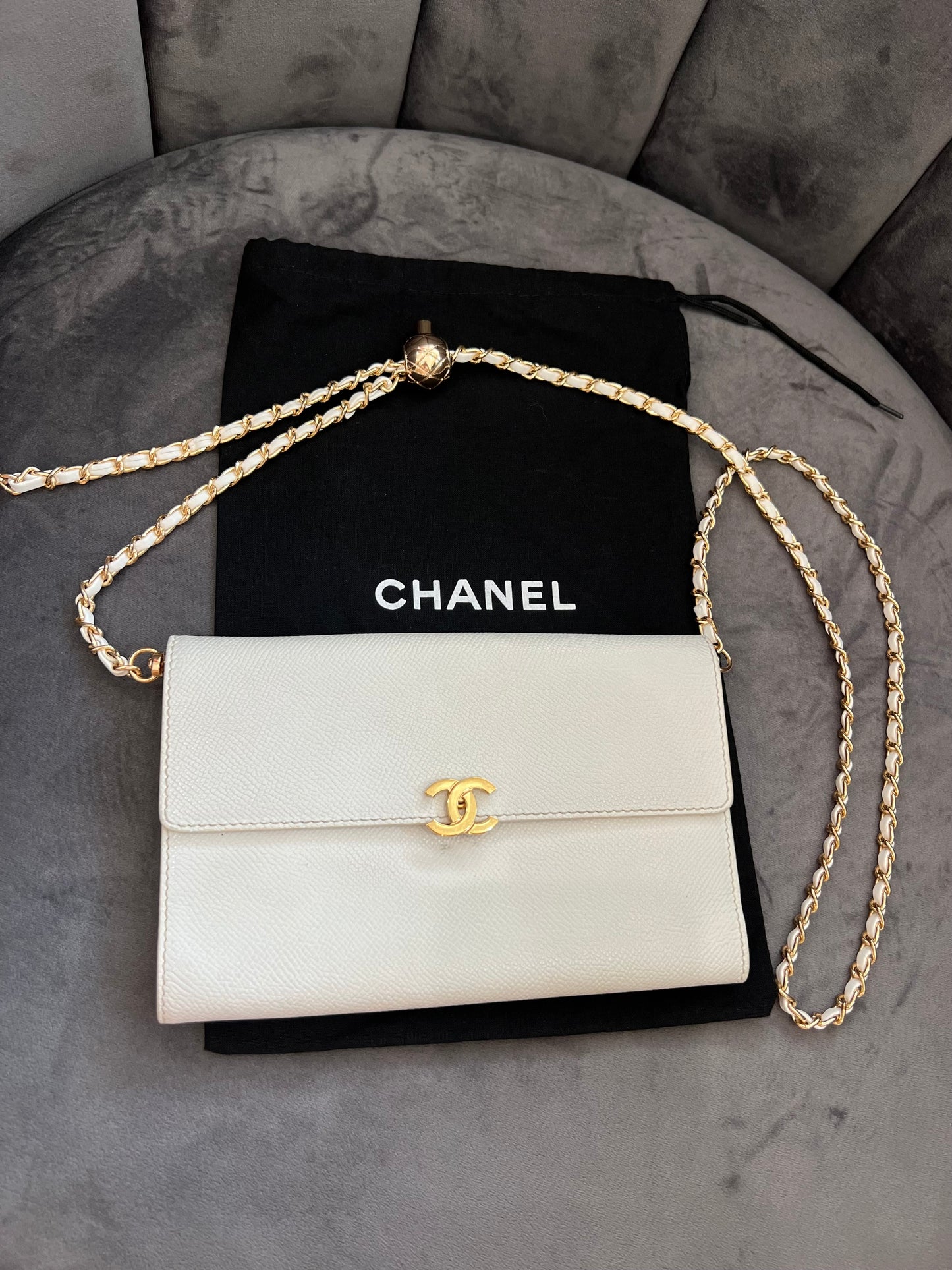 Chanel caviar large white clutch wallet on chain