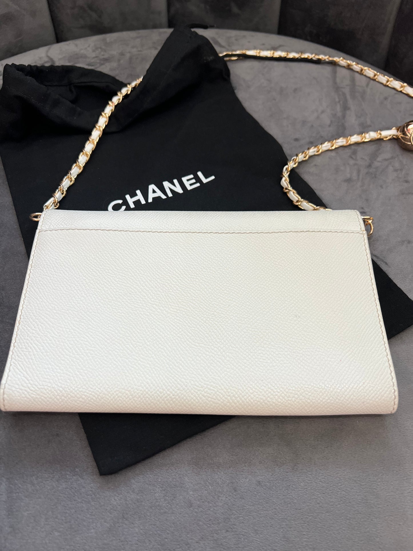Chanel caviar large white clutch wallet on chain