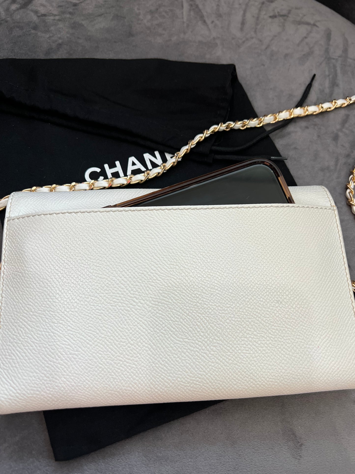 Chanel caviar large white clutch wallet on chain
