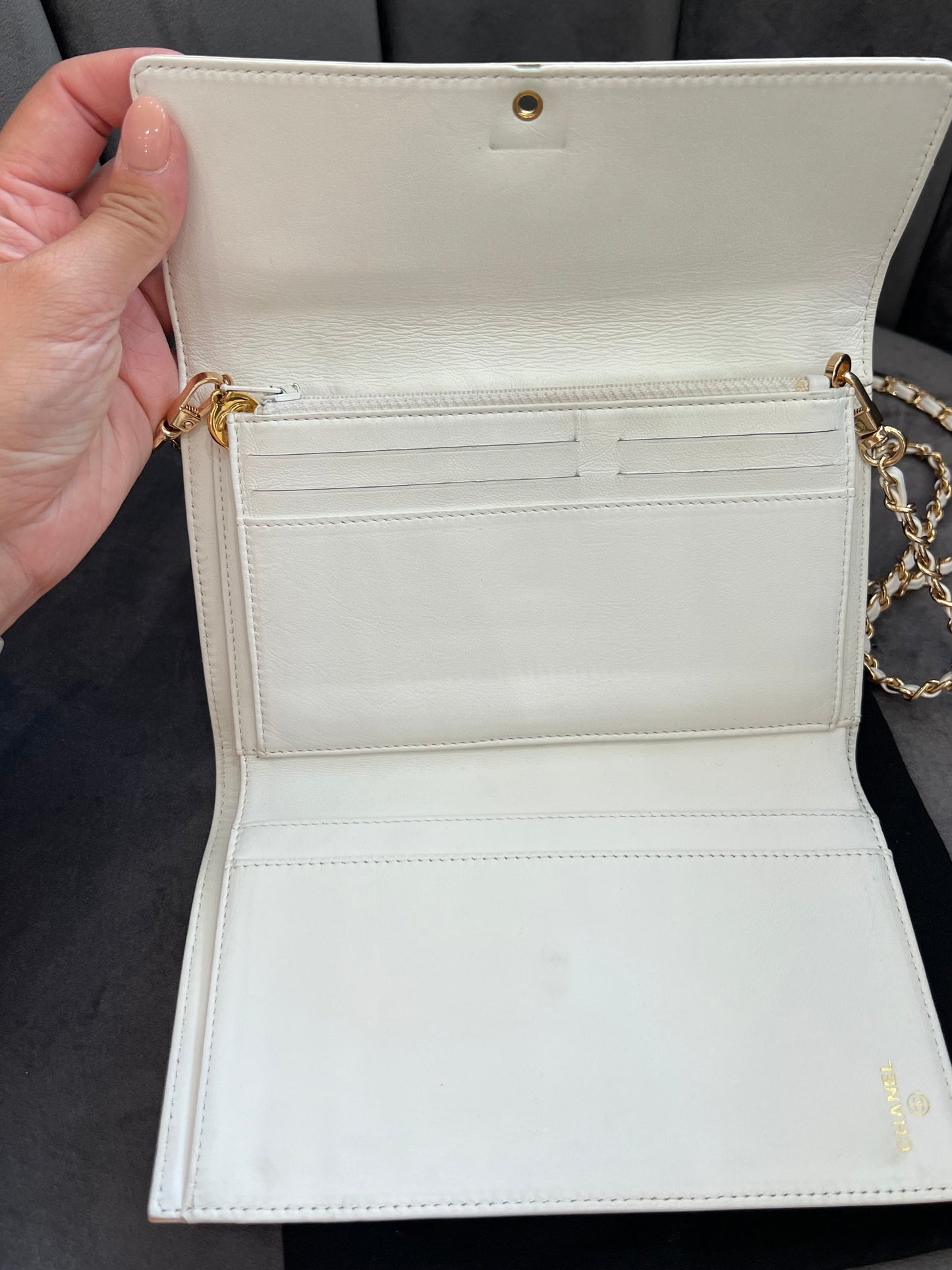 Chanel caviar large white clutch wallet on chain
