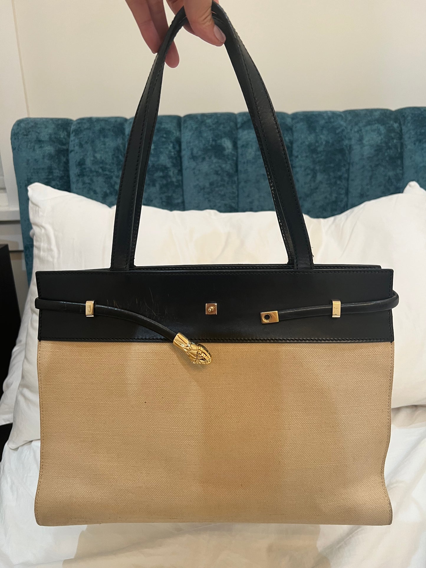 YSL Manhattan canvas tote beige and black