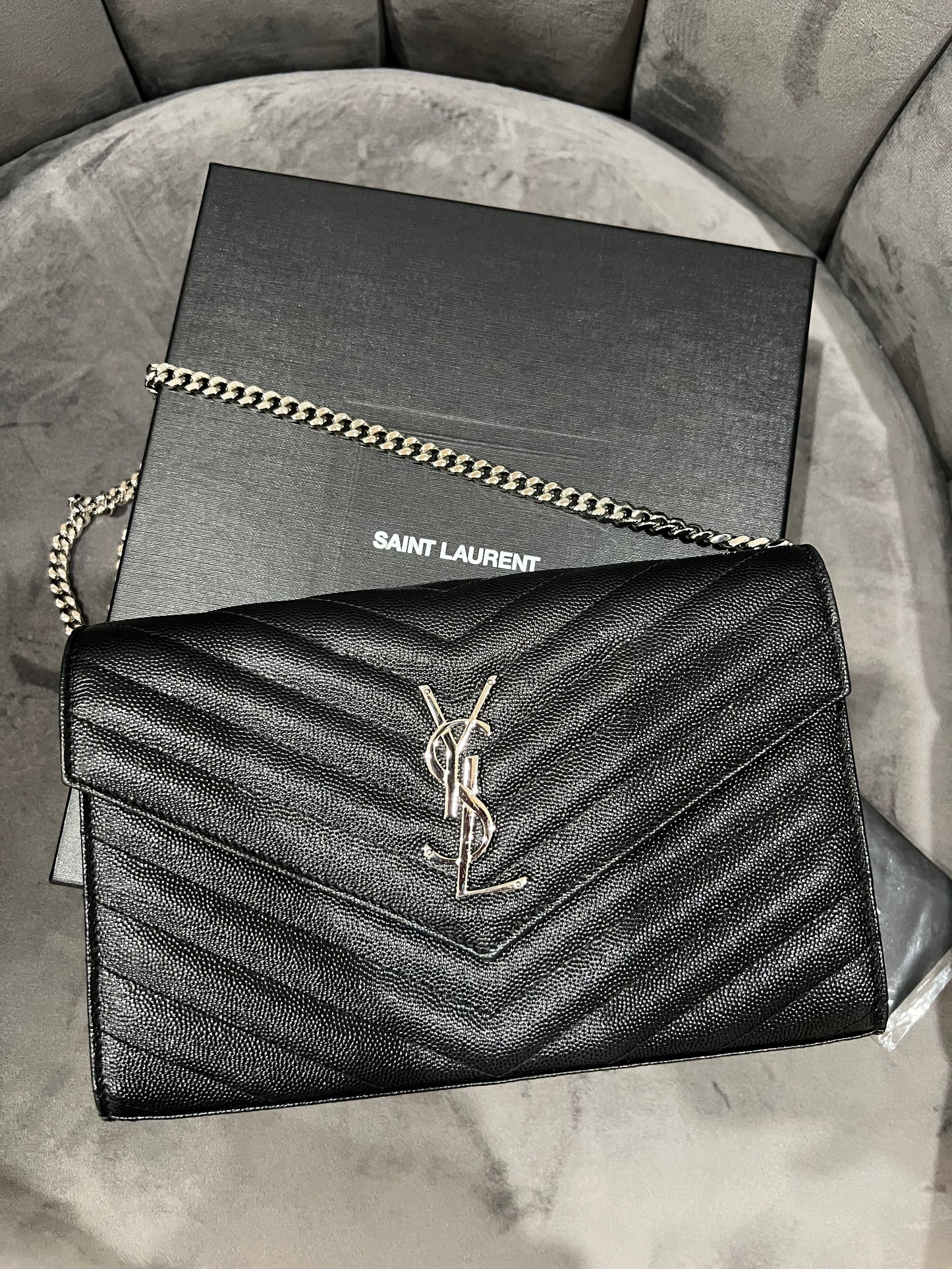 YSL wallet on chain black and silver in size large