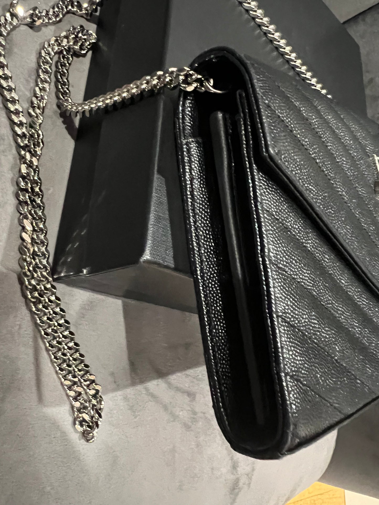 YSL wallet on chain black and silver in size large