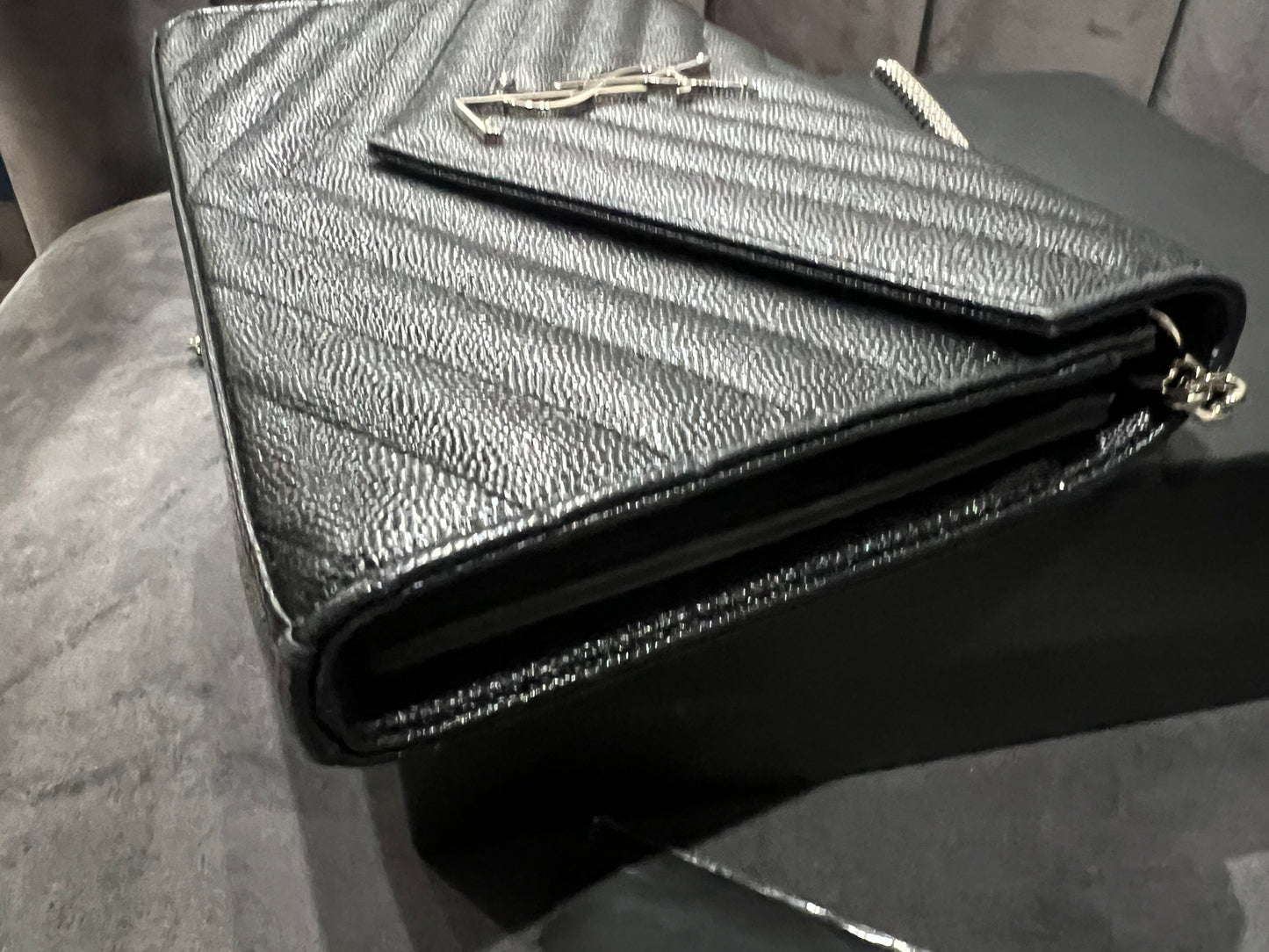 YSL wallet on chain black and silver in size large