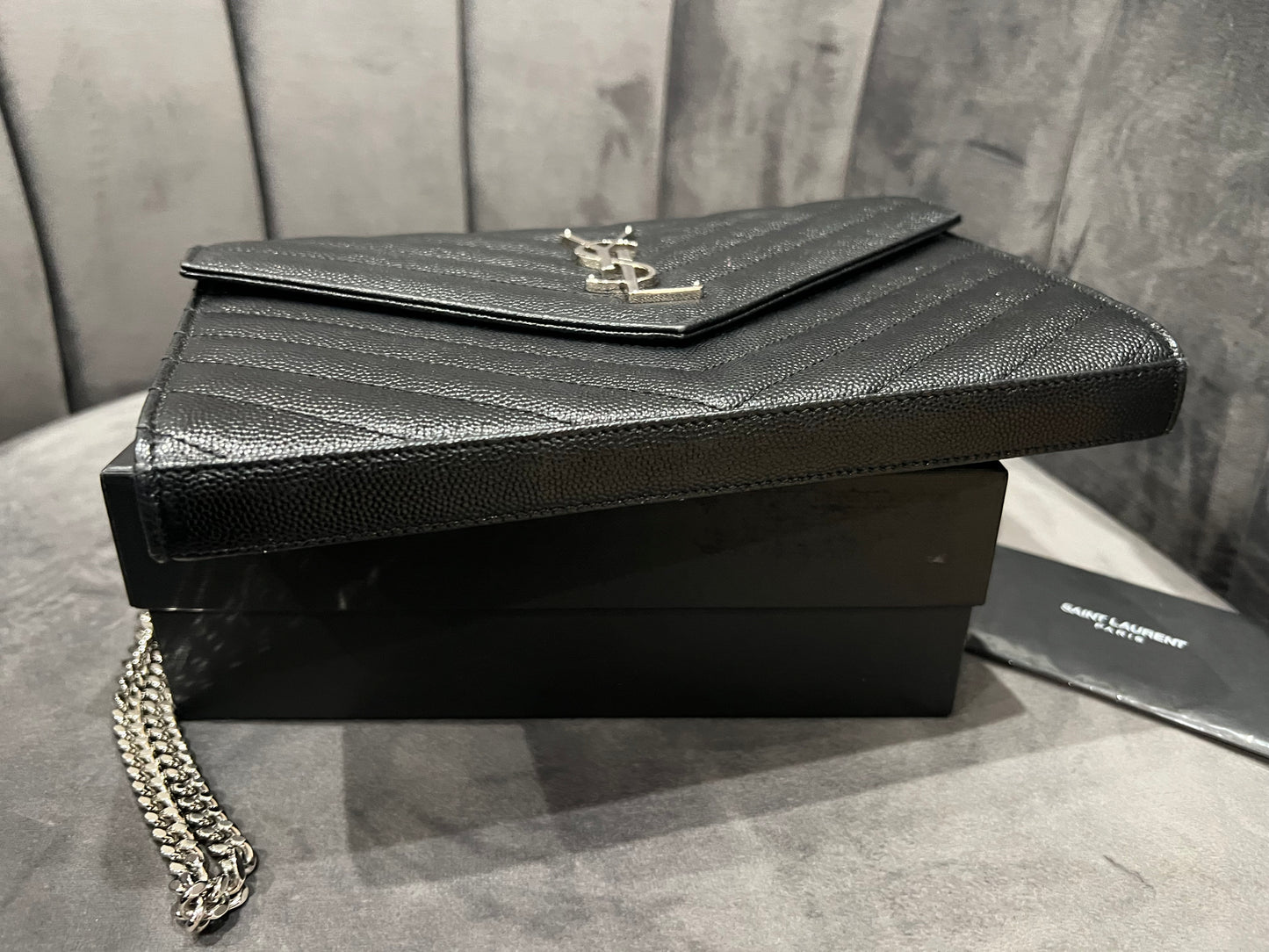 YSL wallet on chain black and silver in size large
