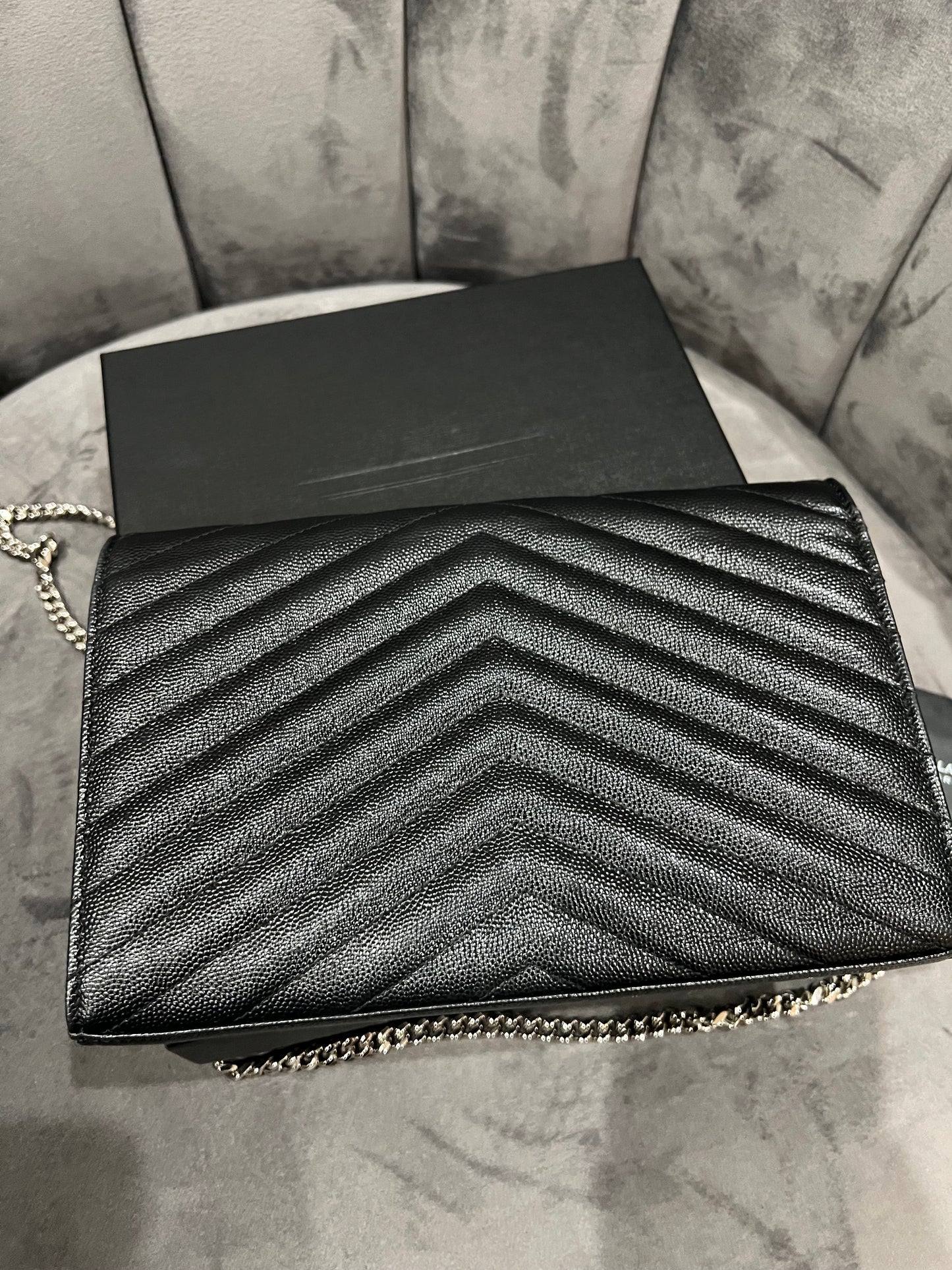 YSL wallet on chain black and silver in size large