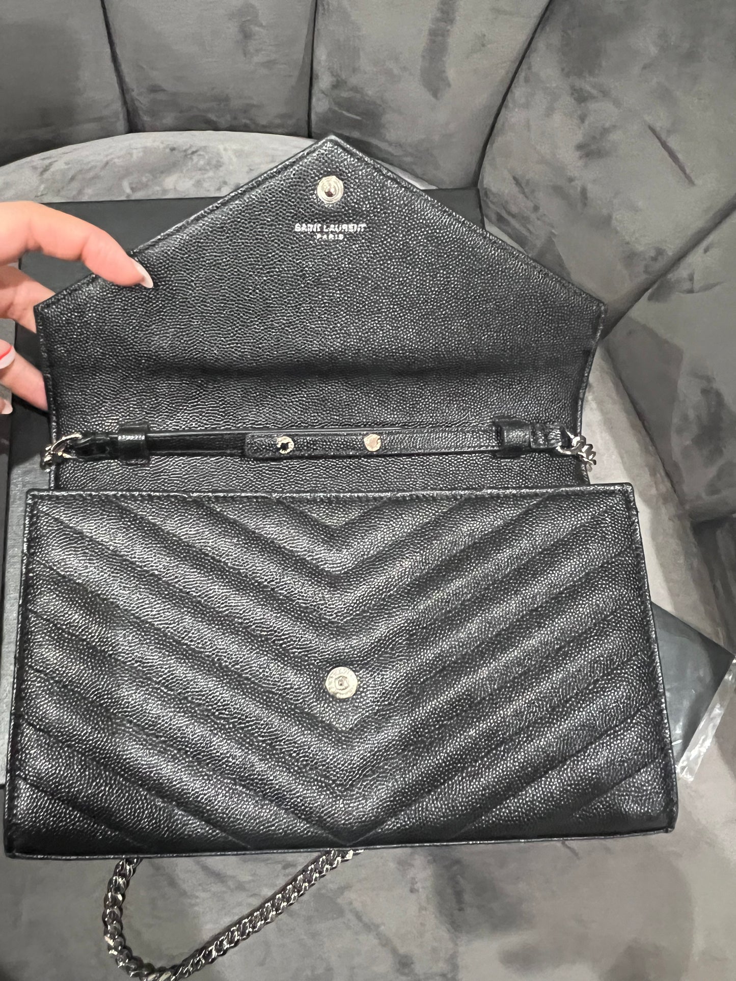 YSL wallet on chain black and silver in size large