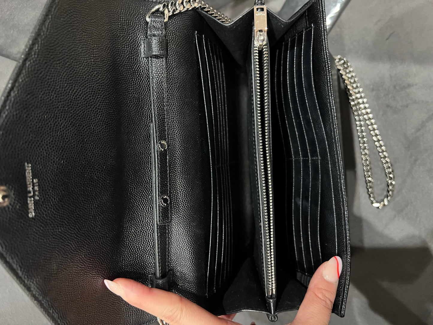 YSL wallet on chain black and silver in size large