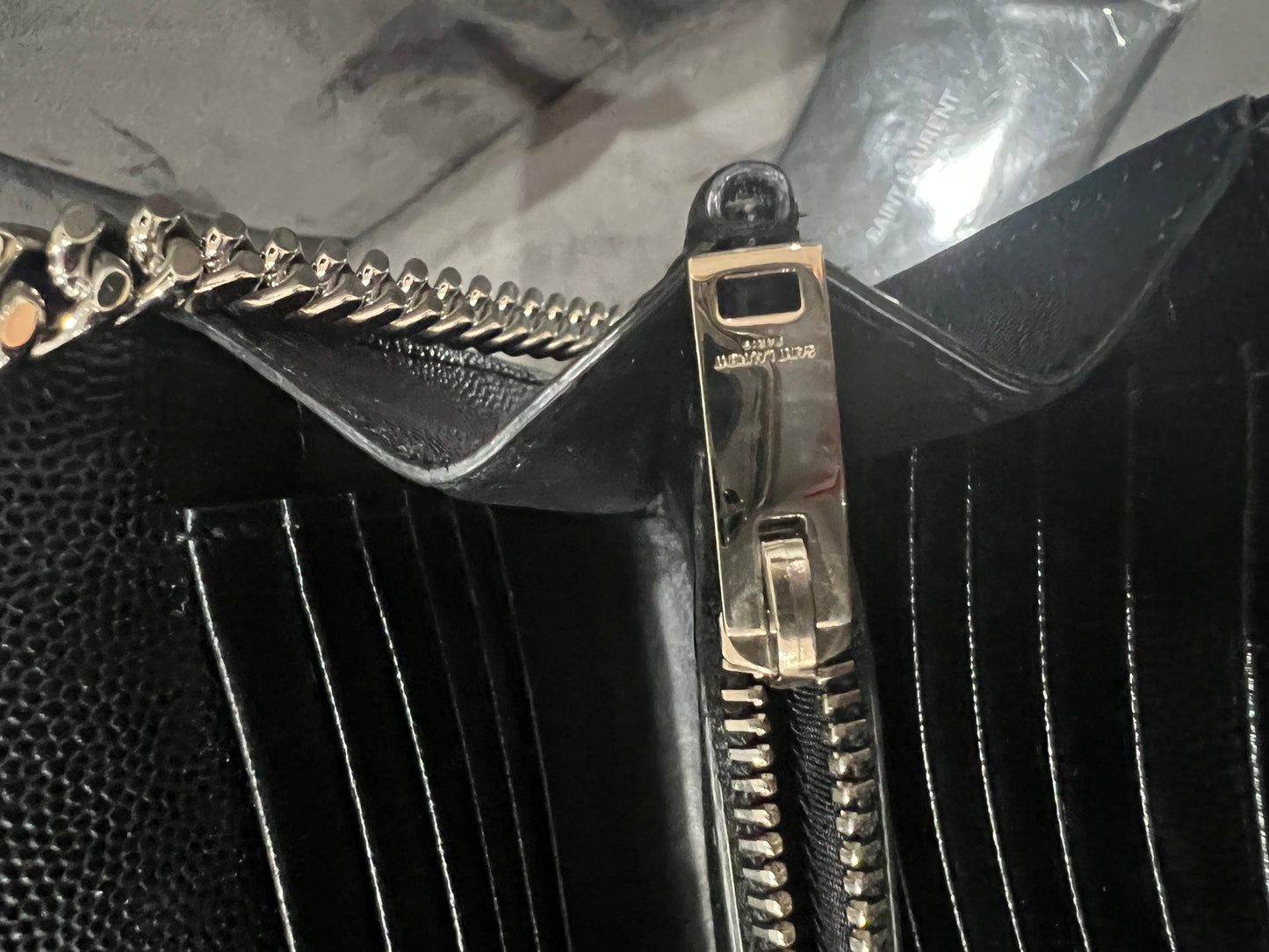 YSL wallet on chain black and silver in size large