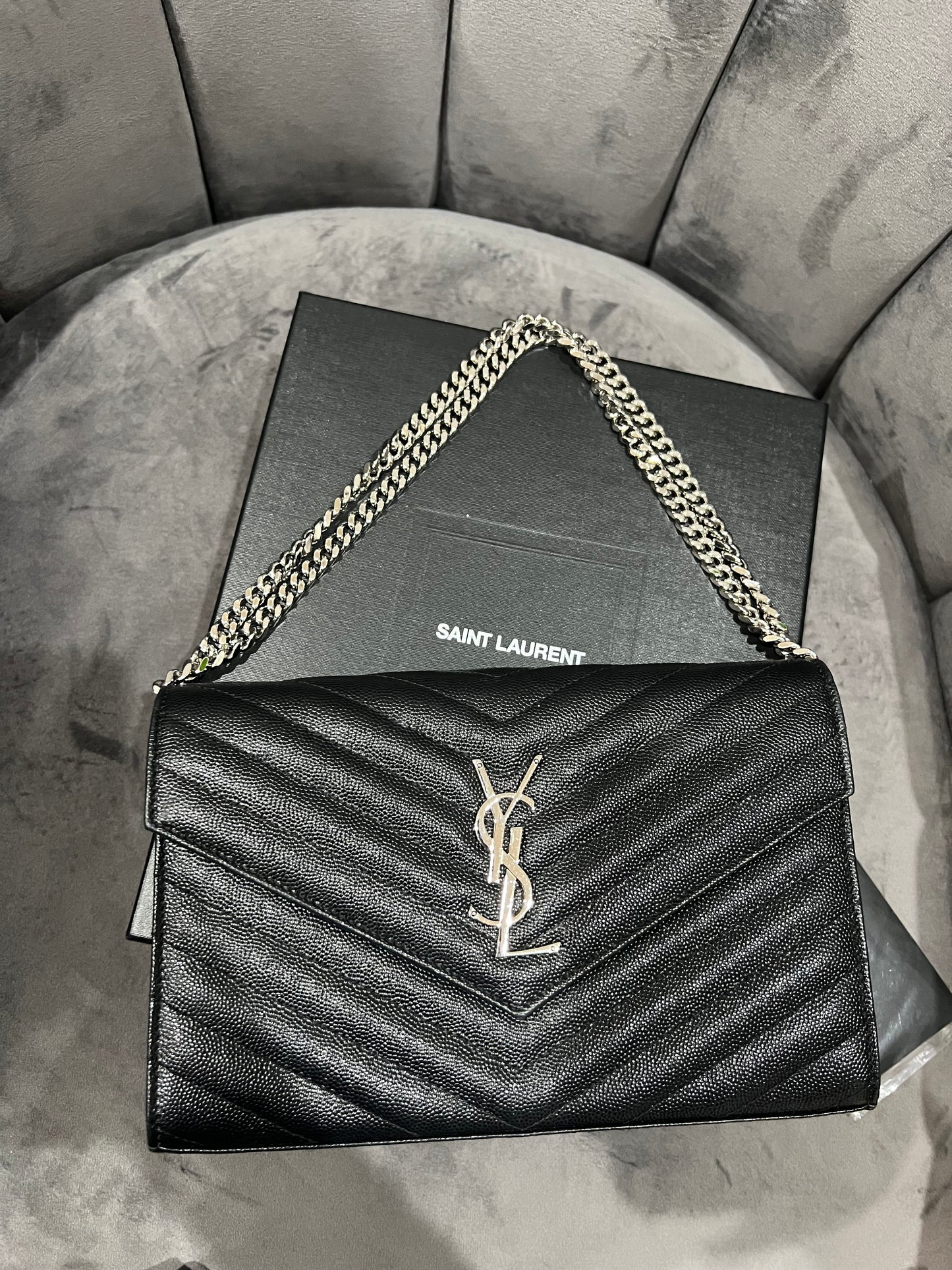 YSL wallet on chain black and silver in size large