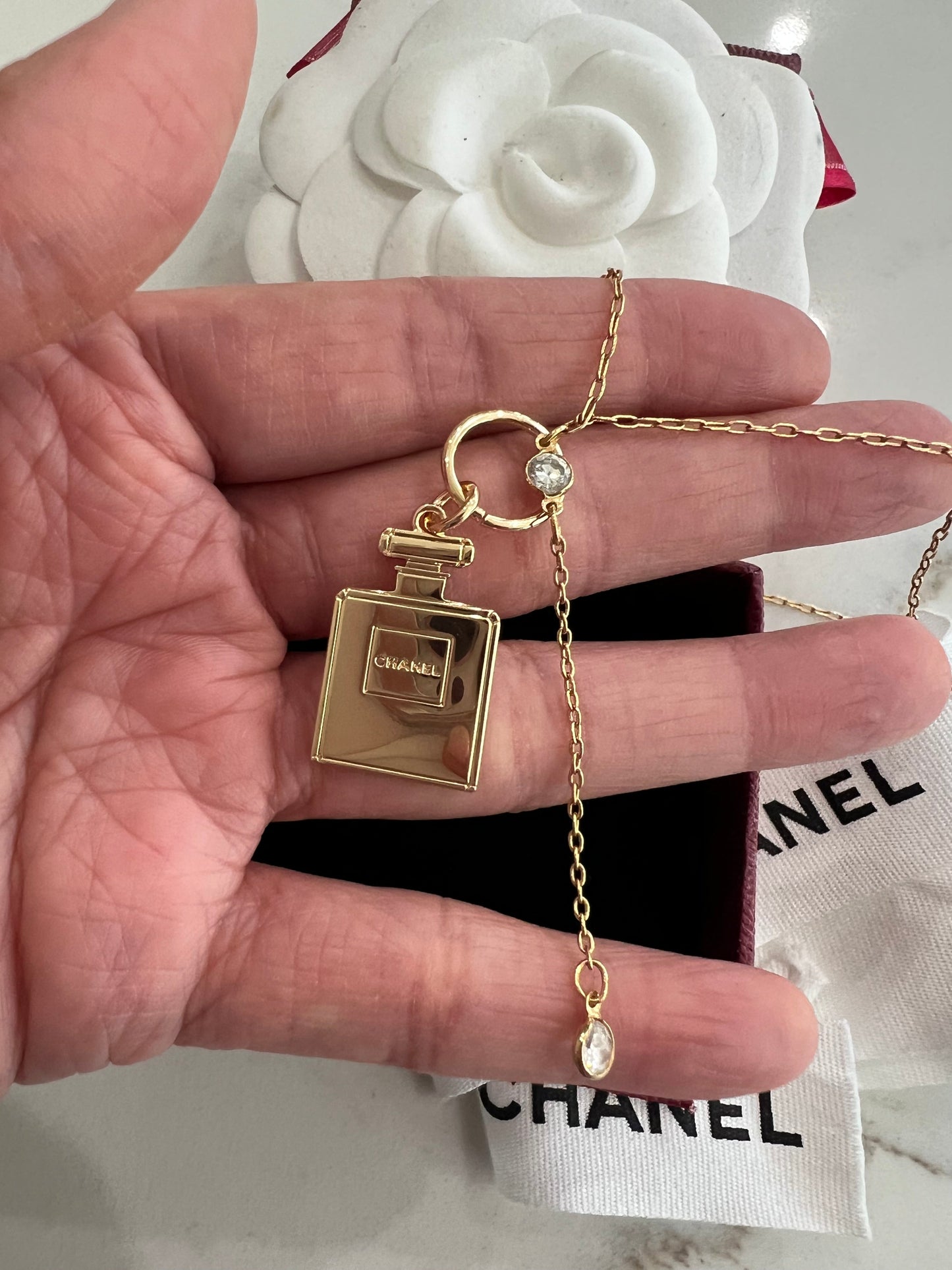Upcycled Chanel perfume charm lariat necklace