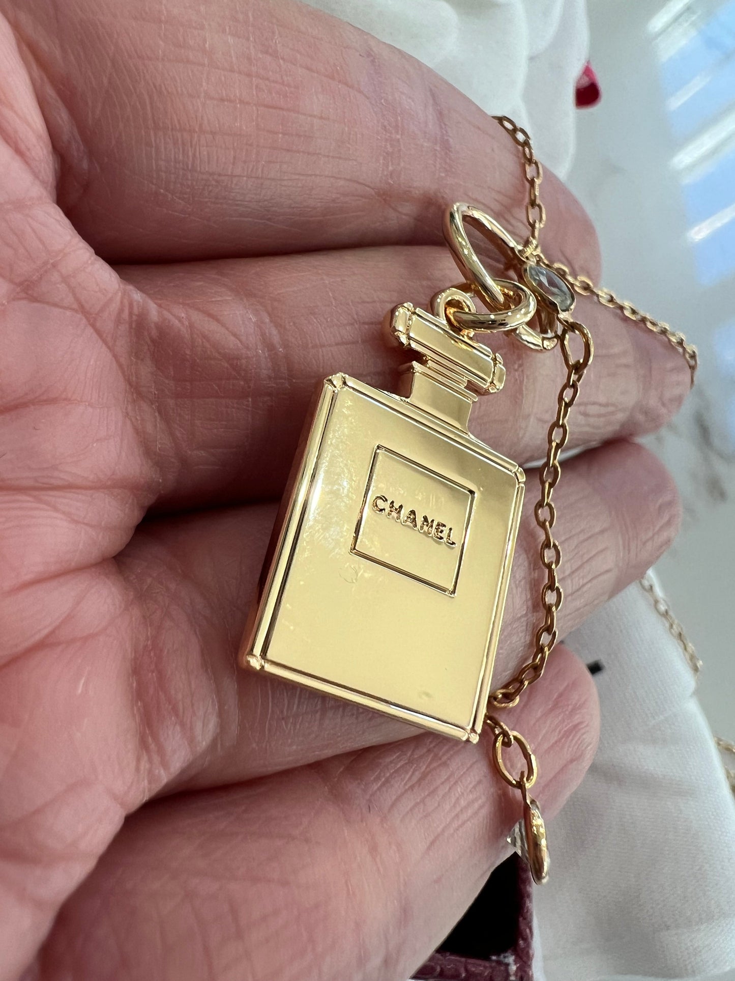 Upcycled Chanel perfume charm lariat necklace