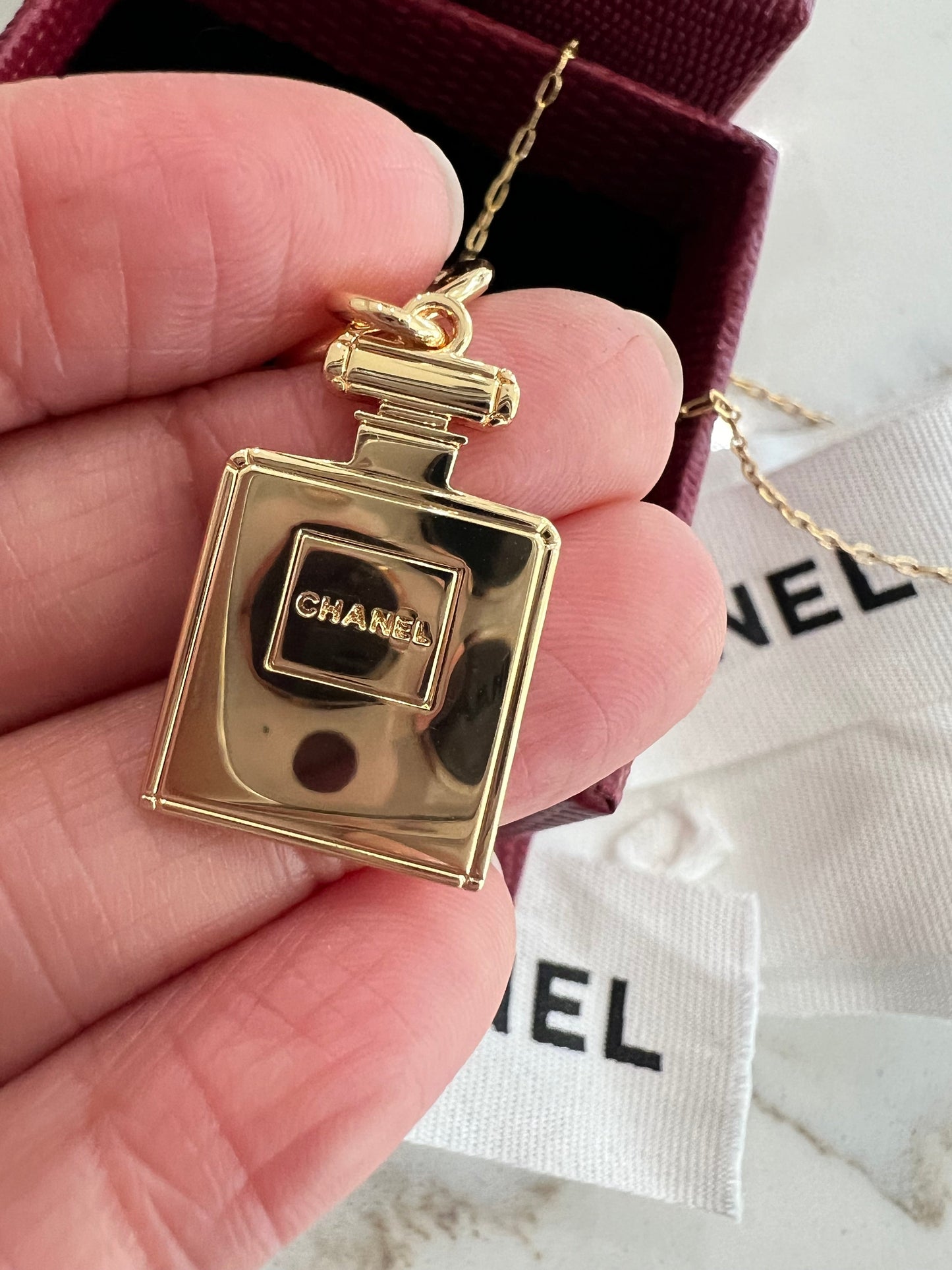 Upcycled Chanel perfume charm lariat necklace