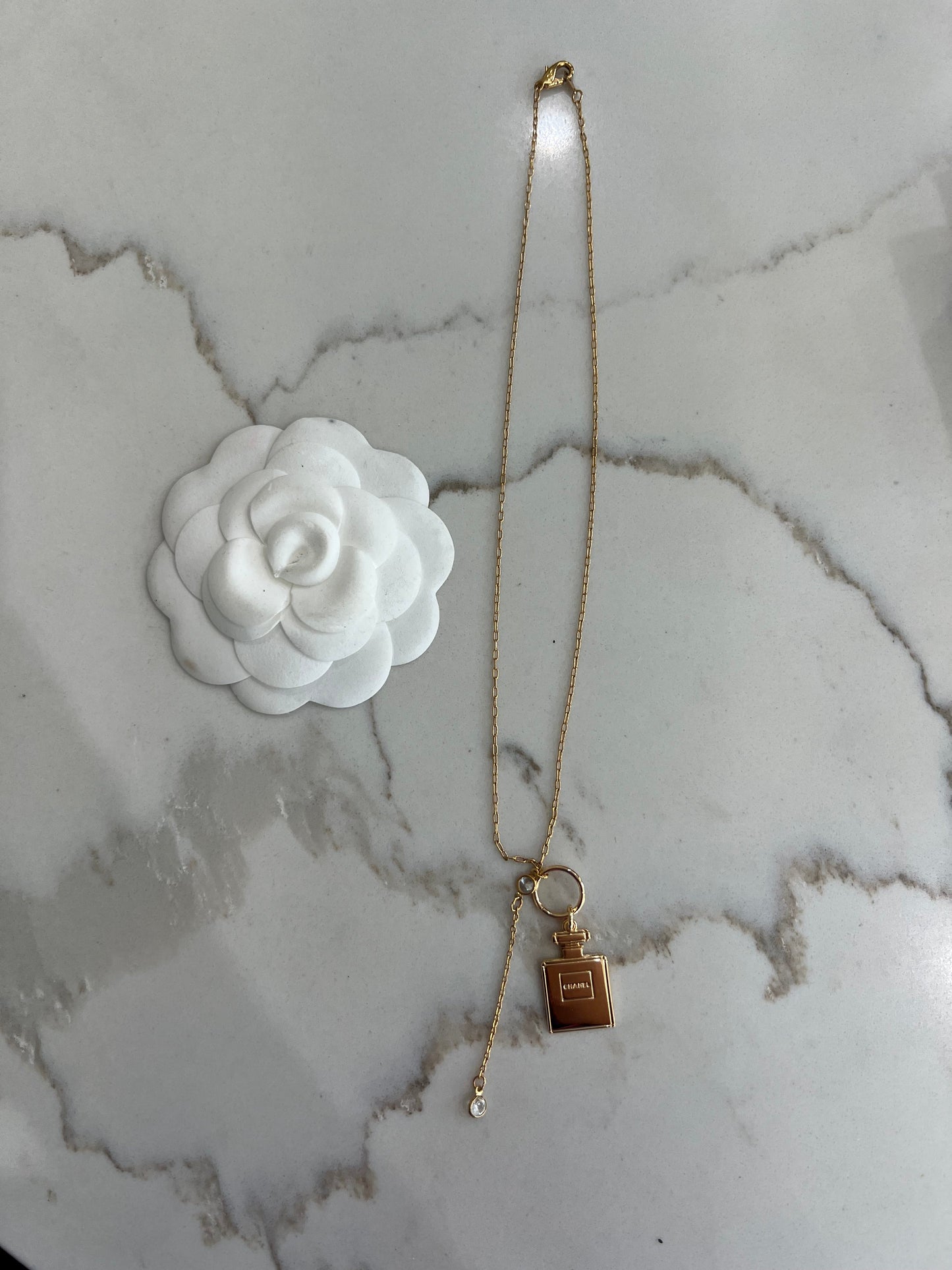 Upcycled Chanel perfume charm lariat necklace