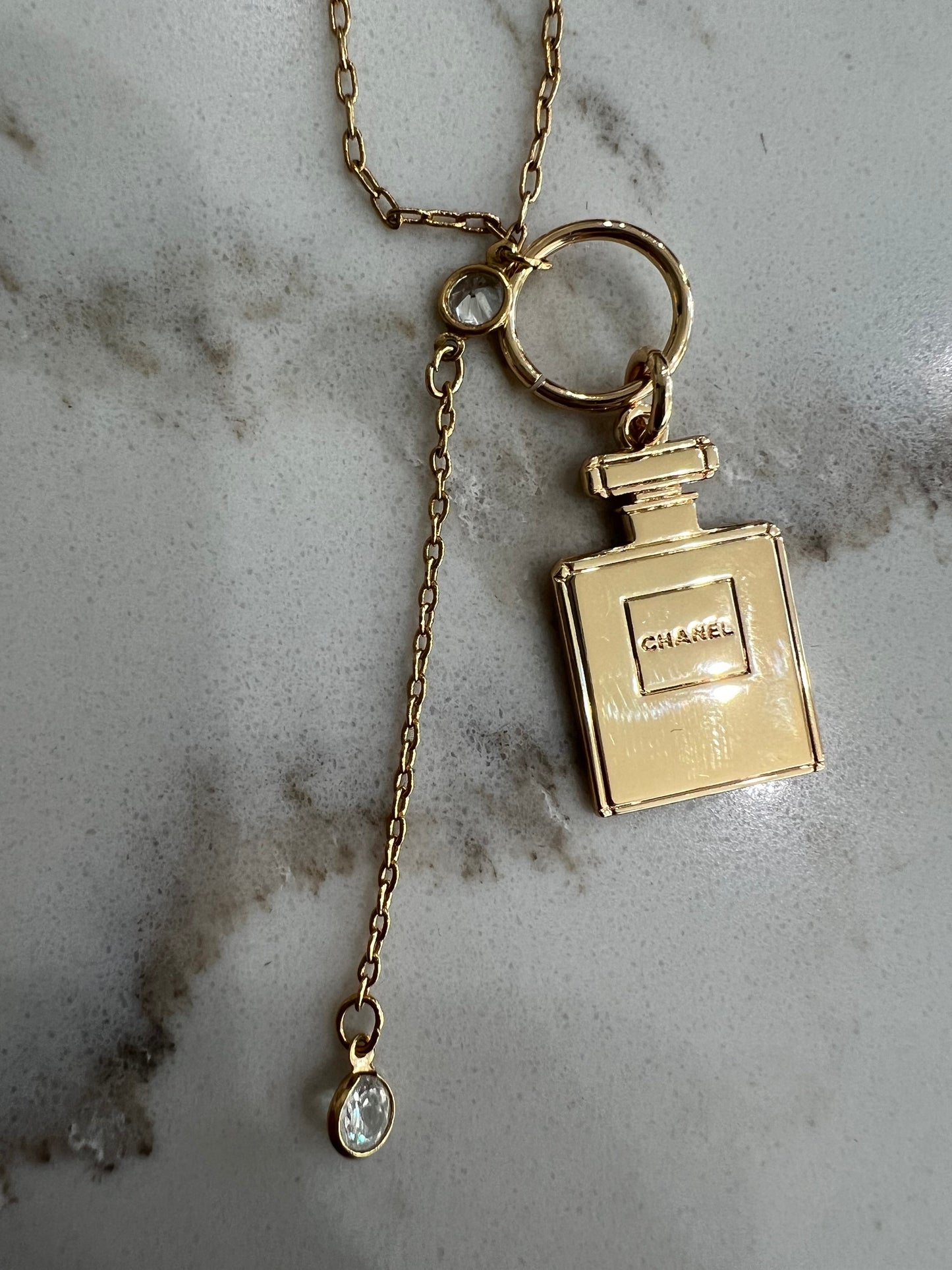 Upcycled Chanel perfume charm lariat necklace