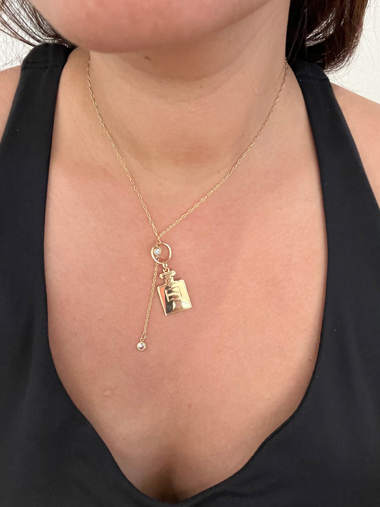 Upcycled Chanel perfume charm lariat necklace