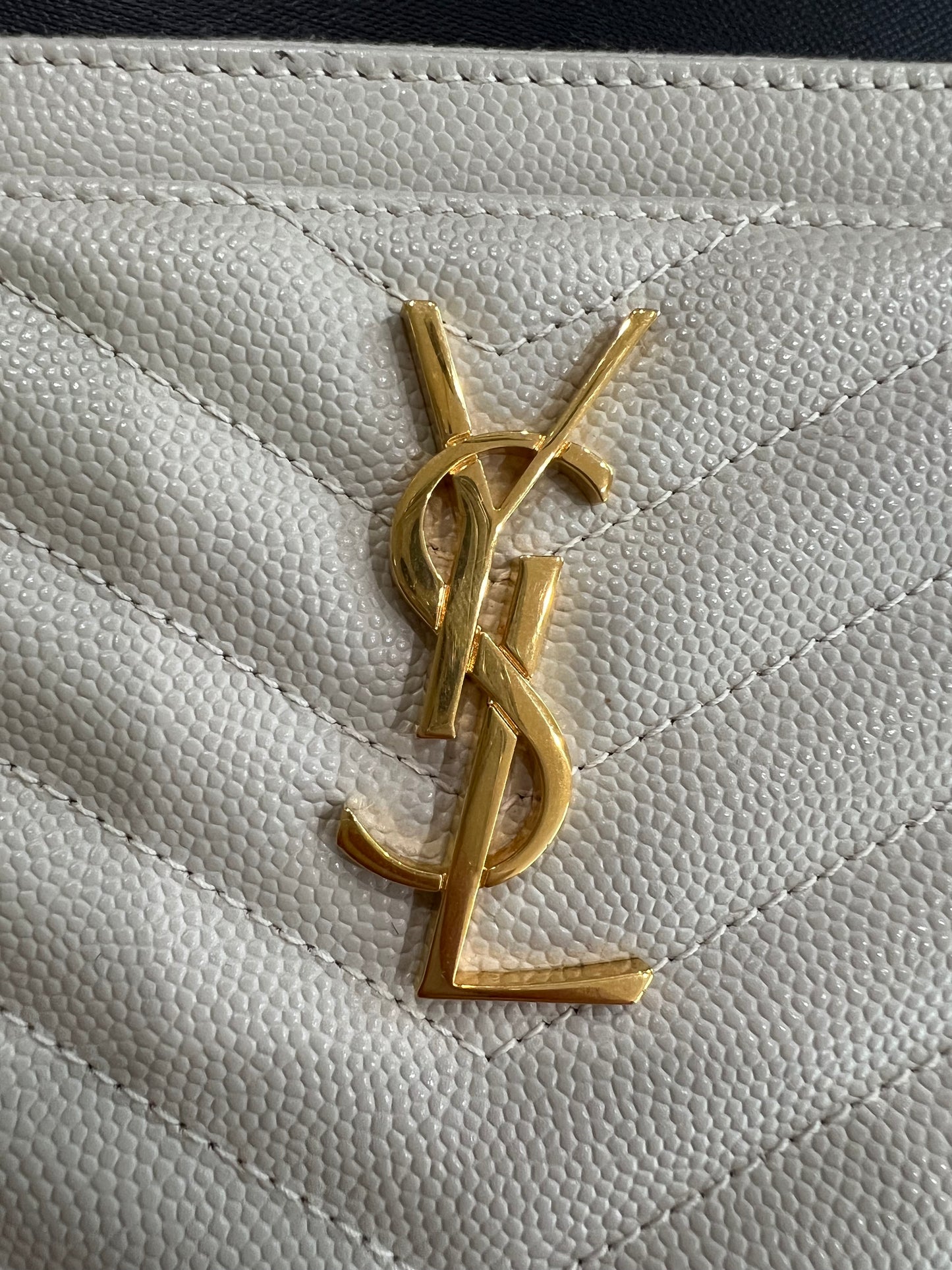 Creme YSL monogram clutch wallet on chain
