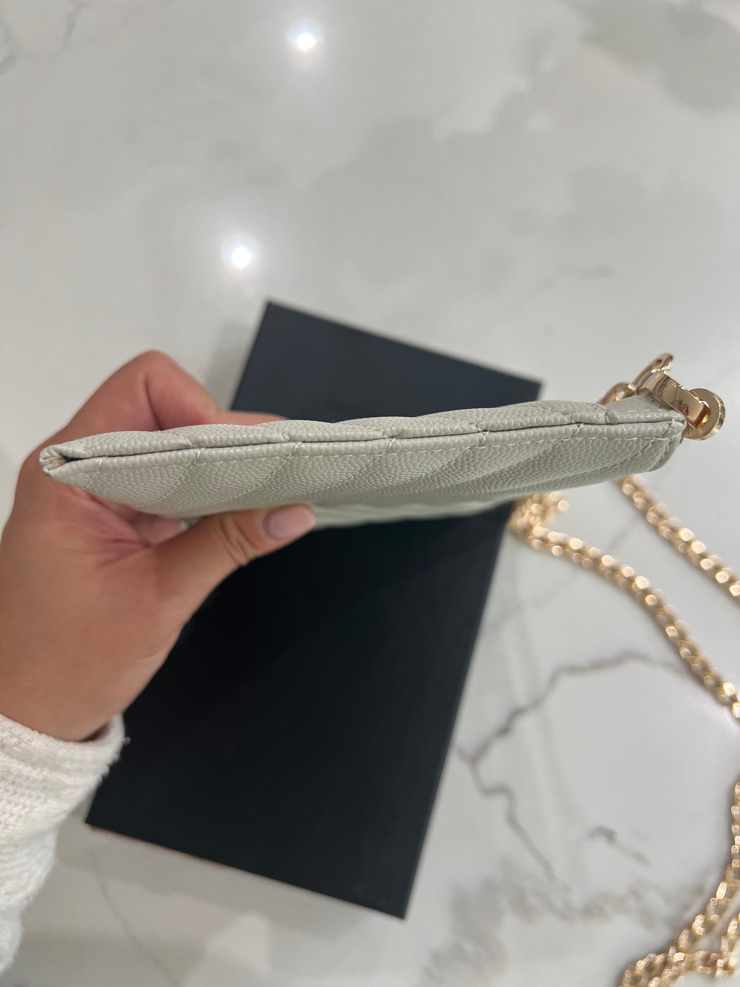 Creme YSL monogram clutch wallet on chain