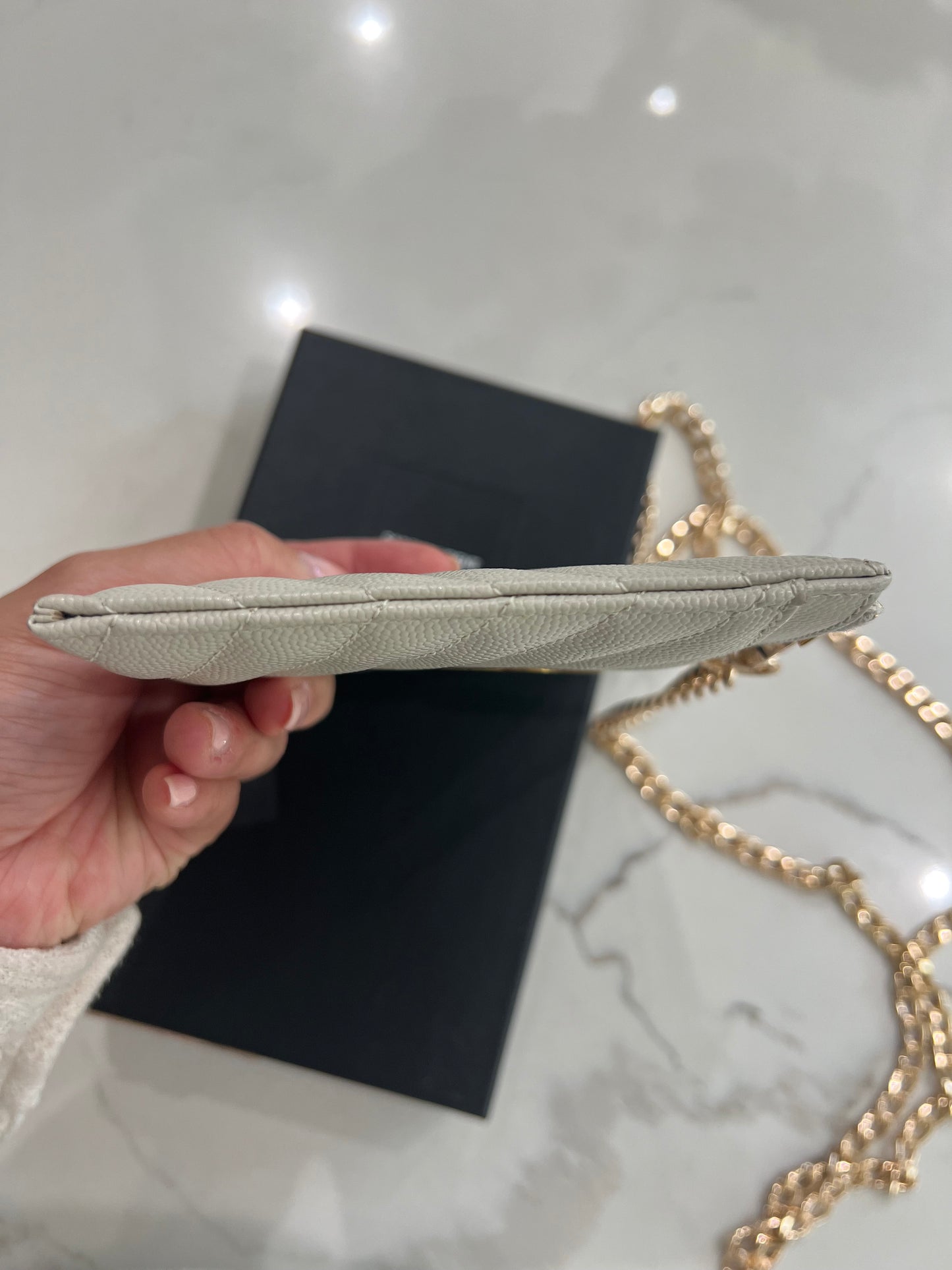 Creme YSL monogram clutch wallet on chain
