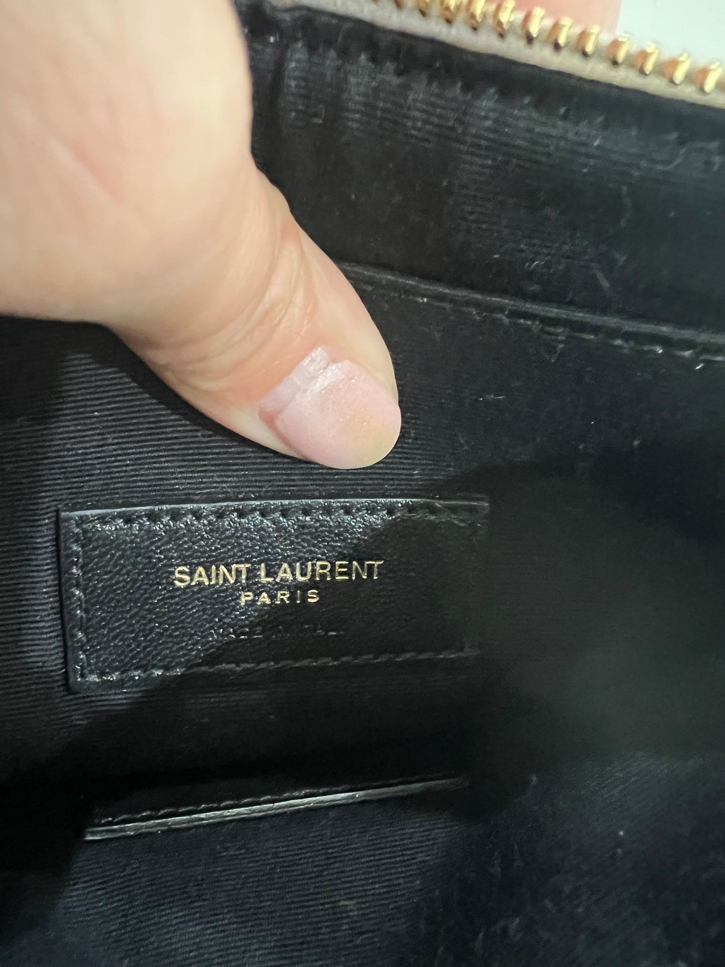 Creme YSL monogram clutch wallet on chain