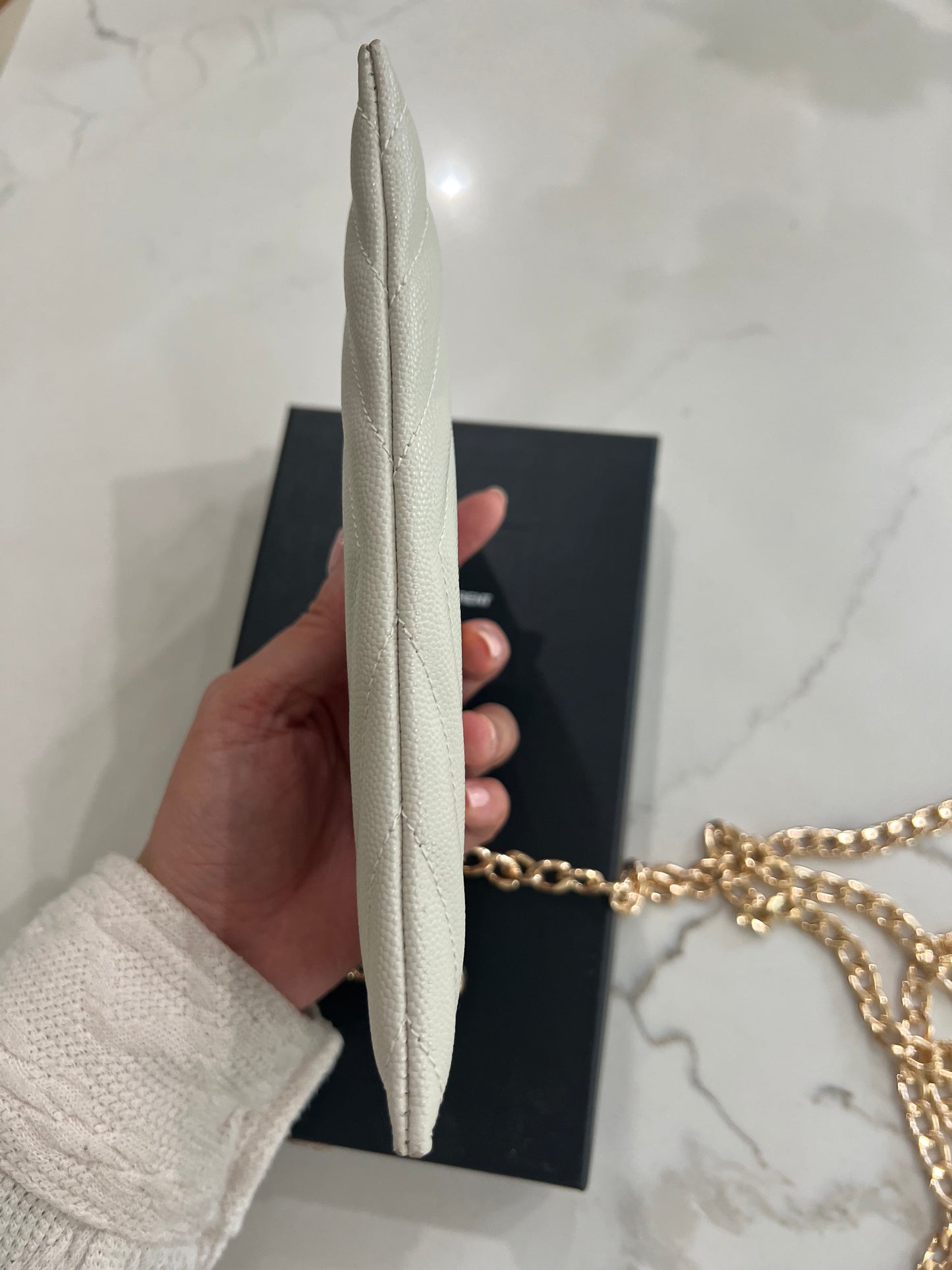 Creme YSL monogram clutch wallet on chain